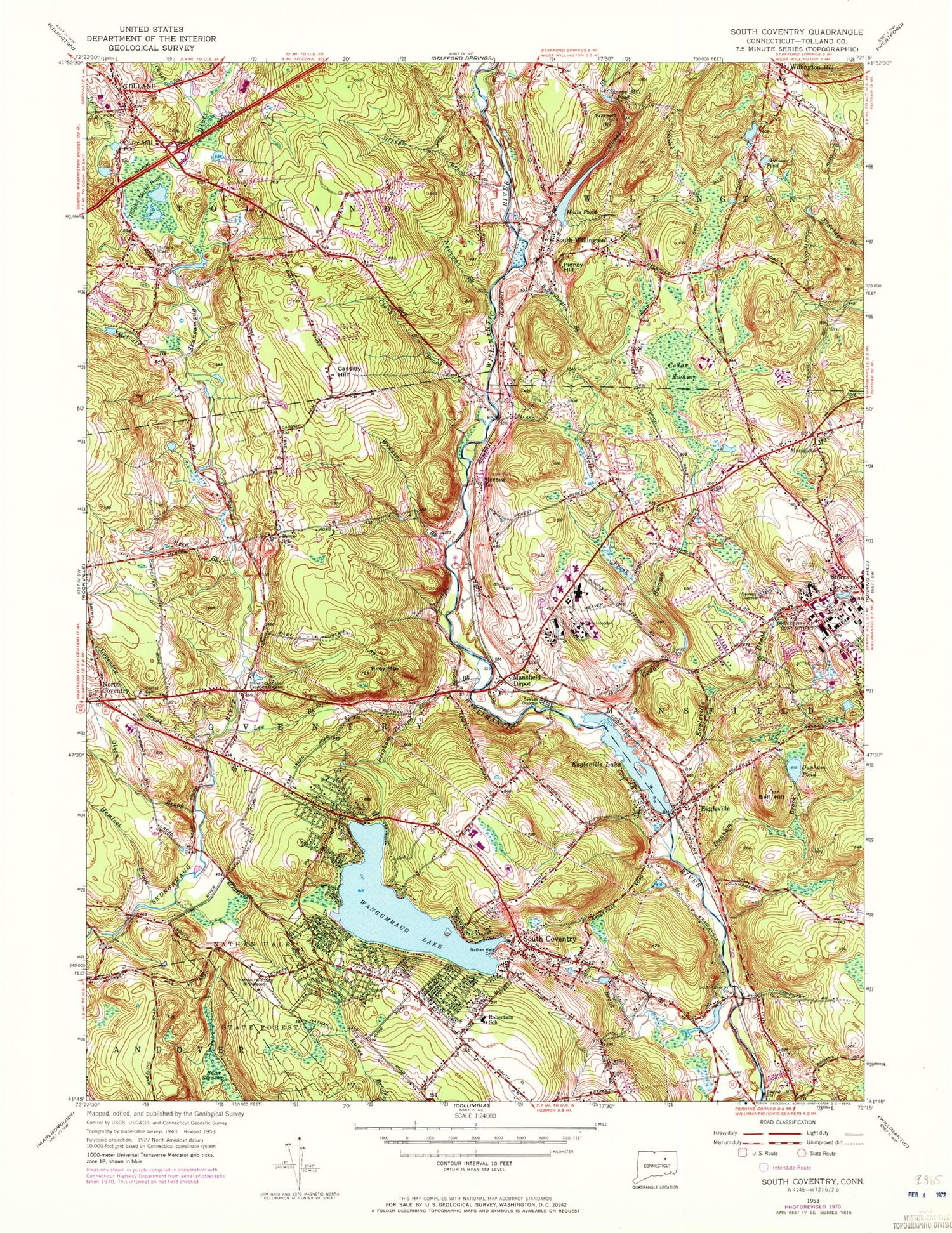 Classic USGS Coventry Connecticut 7.5'x7.5' Topo Map Image
