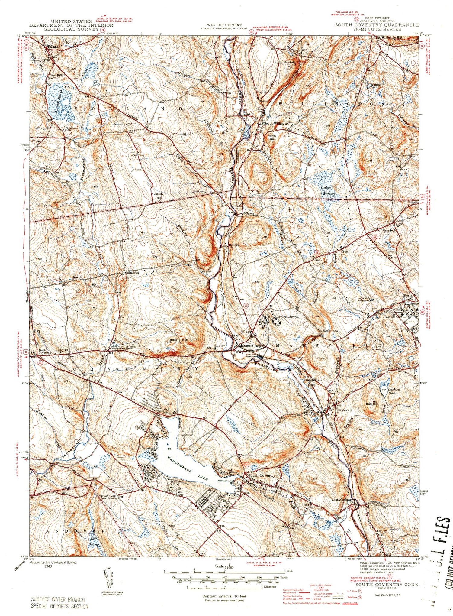 Classic USGS Coventry Connecticut 7.5'x7.5' Topo Map Image