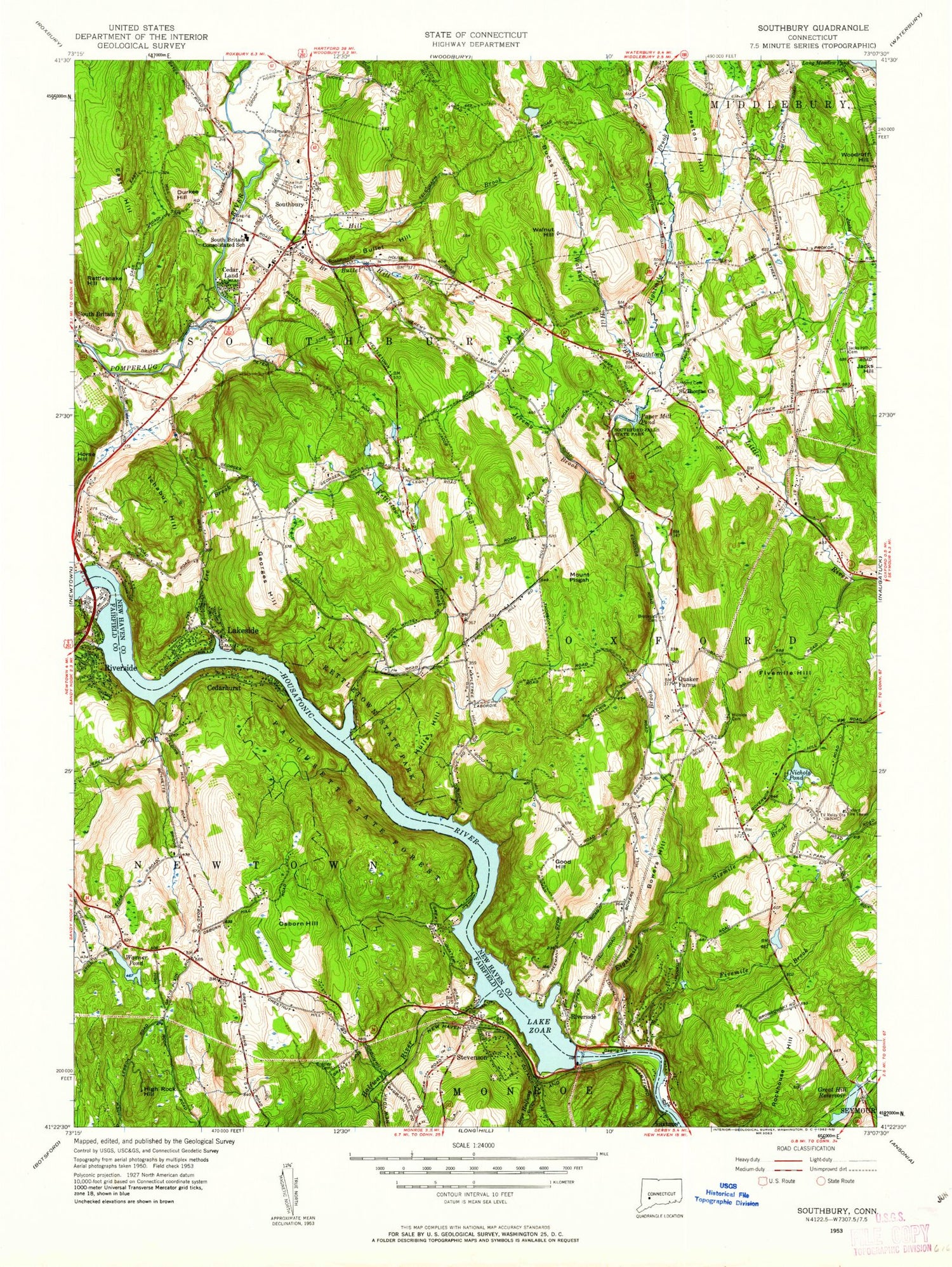 Classic USGS Southbury Connecticut 7.5'x7.5' Topo Map Image