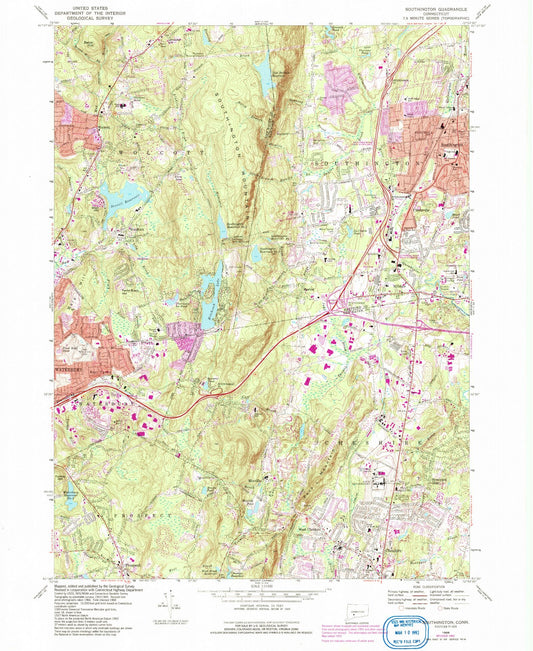 Classic USGS Southington Connecticut 7.5'x7.5' Topo Map Image