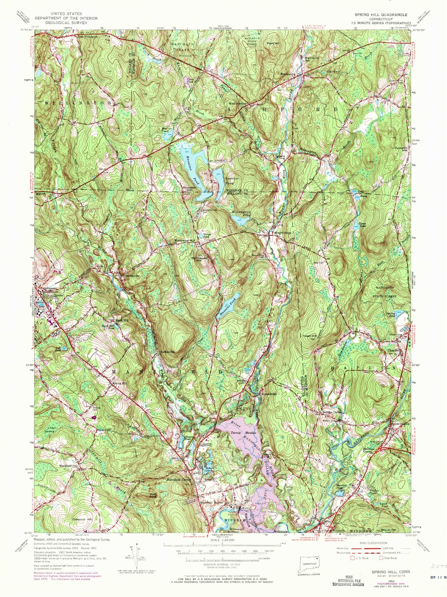 Classic USGS Spring Hill Connecticut 7.5'x7.5' Topo Map Image