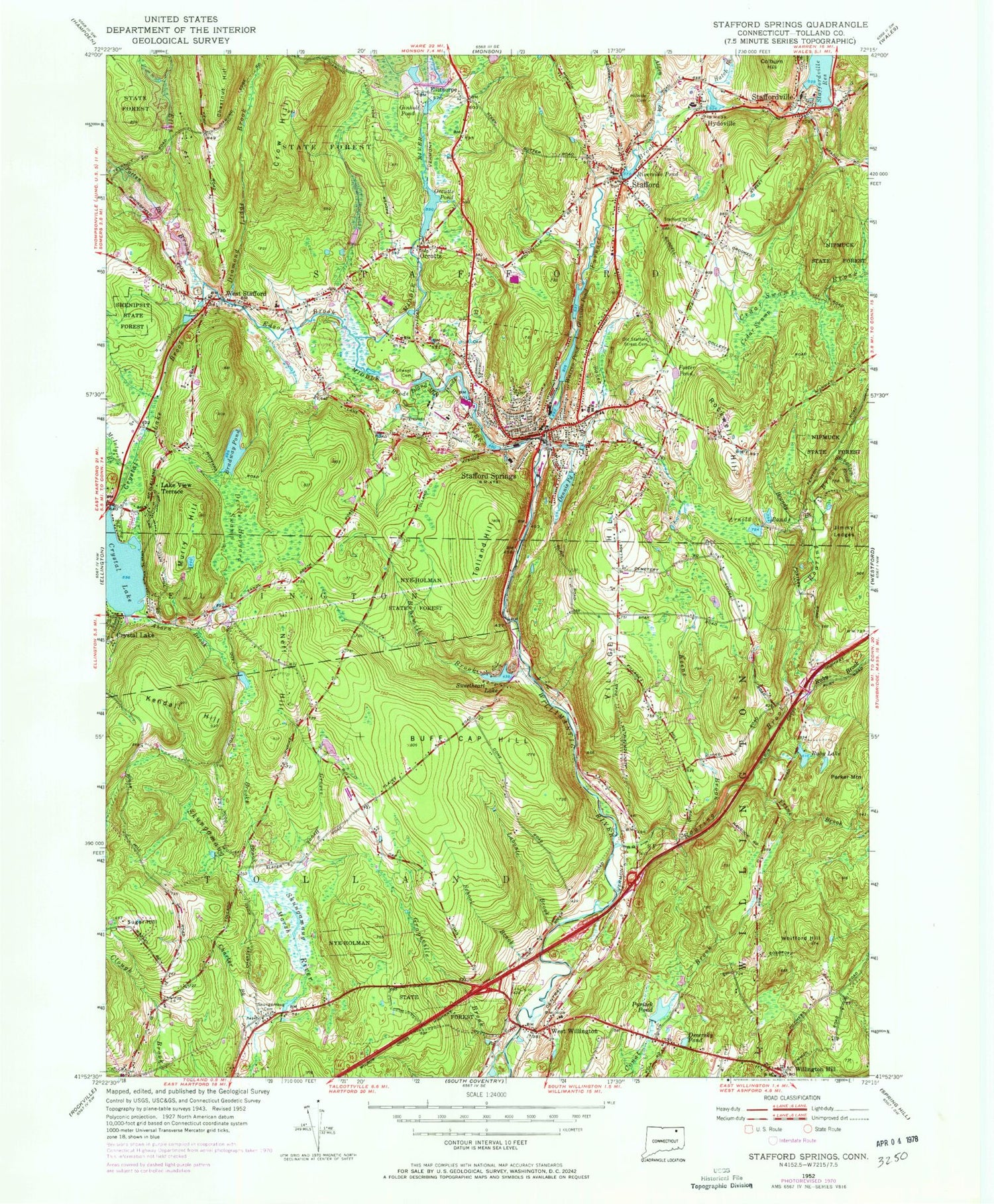 Classic USGS Stafford Springs Connecticut 7.5'x7.5' Topo Map Image