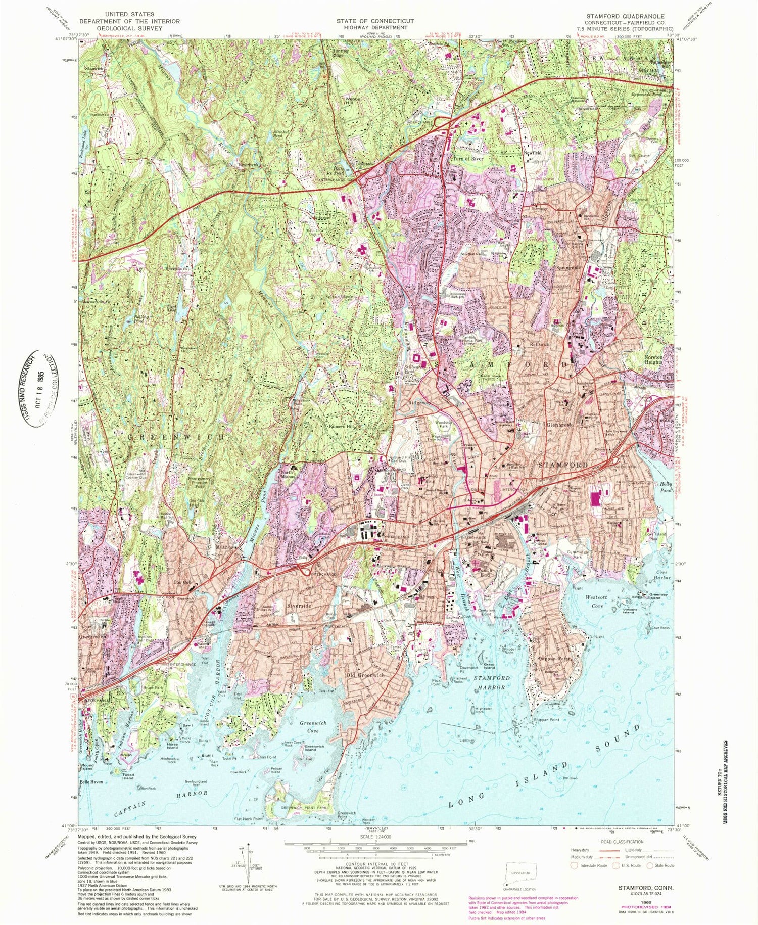 Classic USGS Stamford Connecticut 7.5'x7.5' Topo Map Image