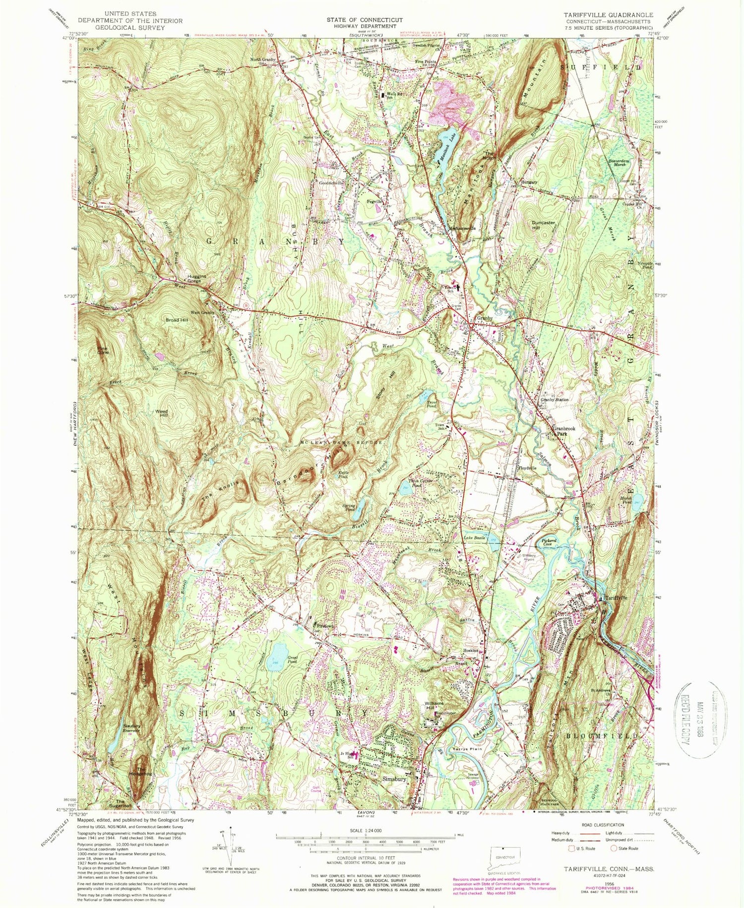 Classic USGS Tariffville Connecticut 7.5'x7.5' Topo Map Image