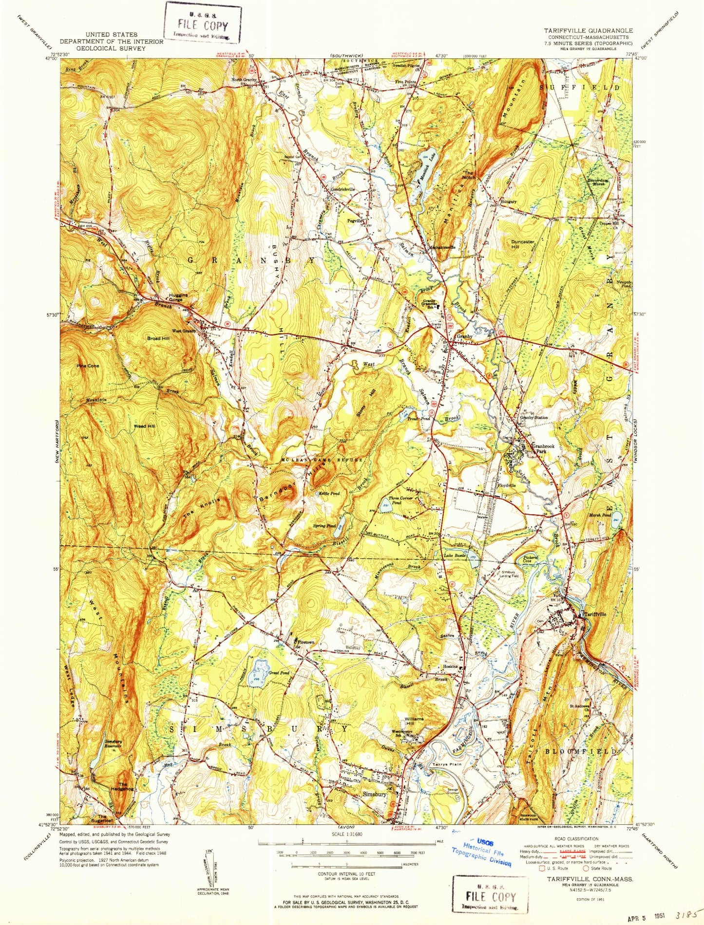 Classic USGS Tariffville Connecticut 7.5'x7.5' Topo Map Image