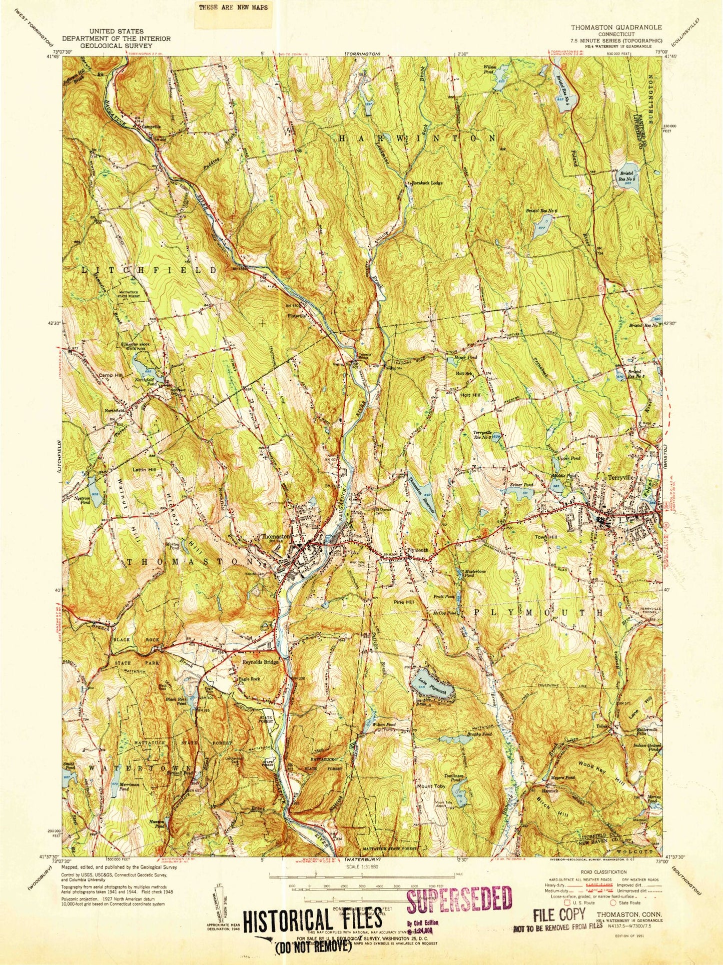 Classic USGS Thomaston Connecticut 7.5'x7.5' Topo Map Image