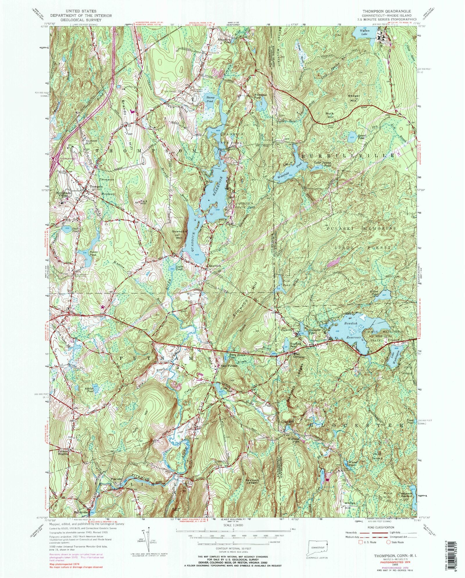 Classic USGS Thompson Connecticut 7.5'x7.5' Topo Map – MyTopo Map Store