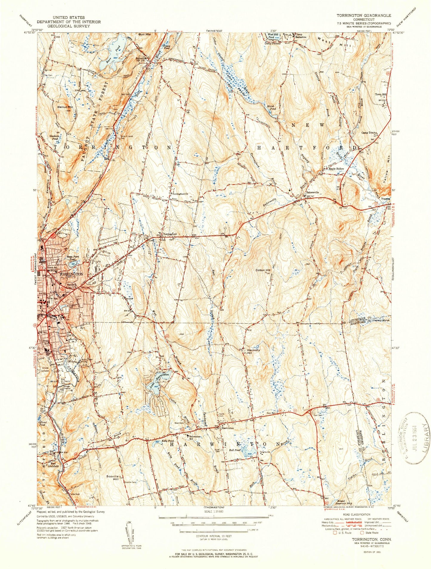 Classic USGS Torrington Connecticut 7.5'x7.5' Topo Map Image