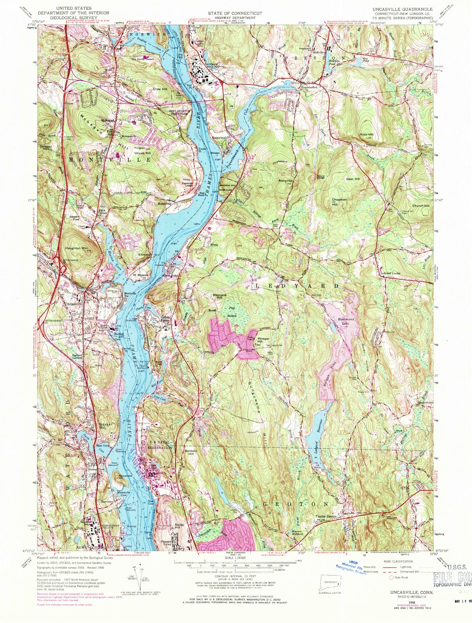 Classic USGS Uncasville Connecticut 7.5'x7.5' Topo Map Image