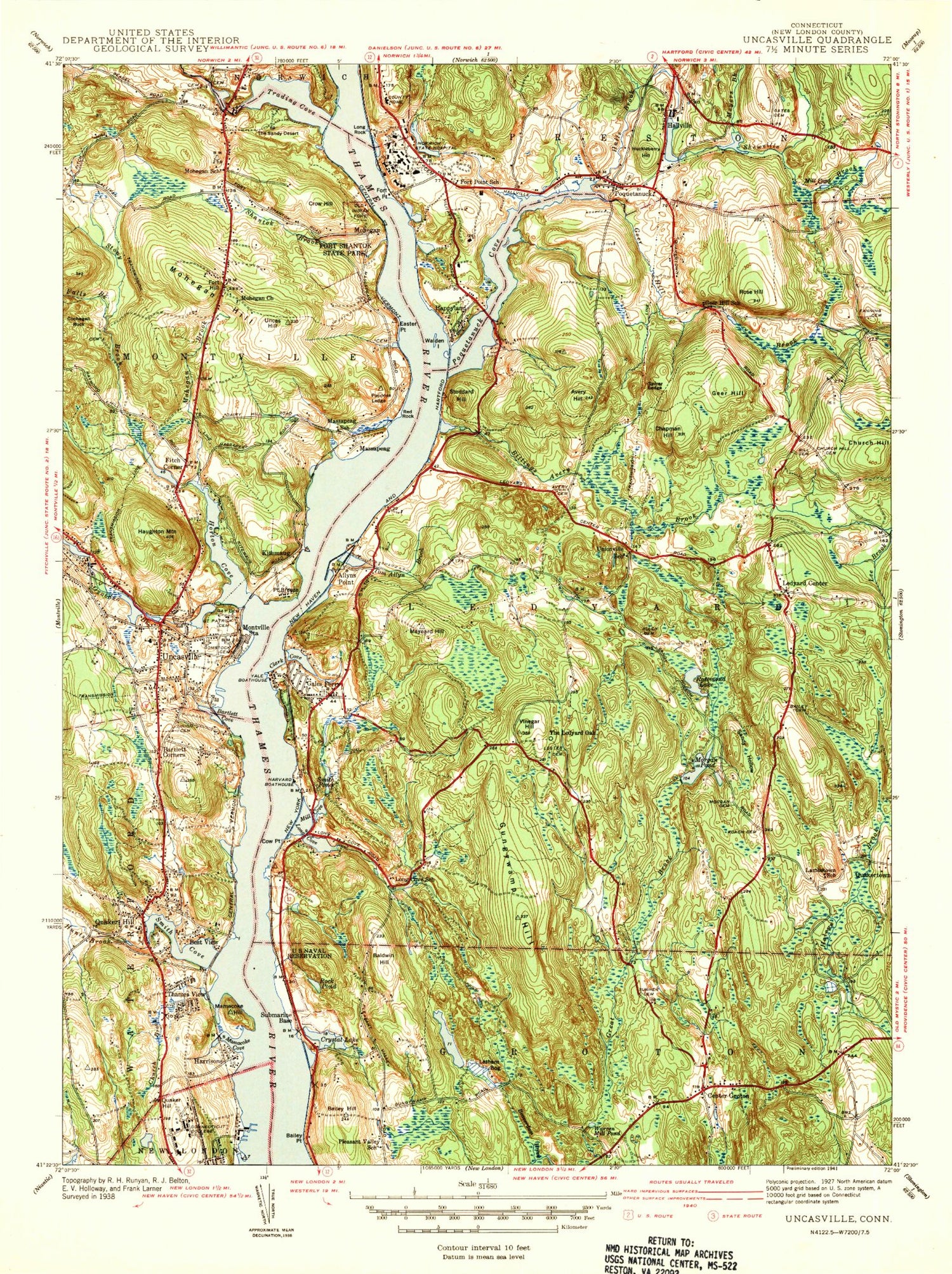 Classic USGS Uncasville Connecticut 7.5'x7.5' Topo Map Image