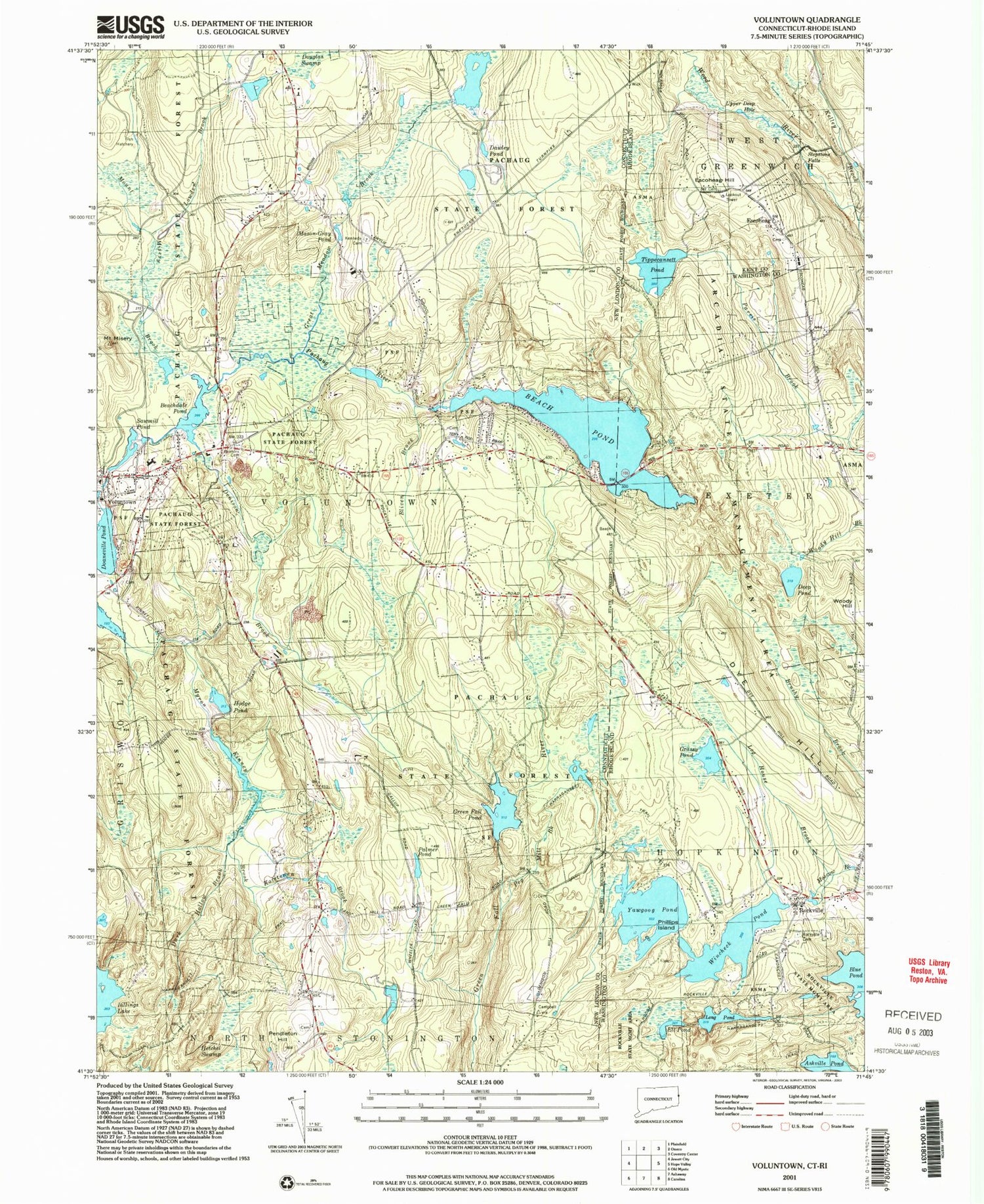 Classic USGS Voluntown Connecticut 7.5'x7.5' Topo Map Image