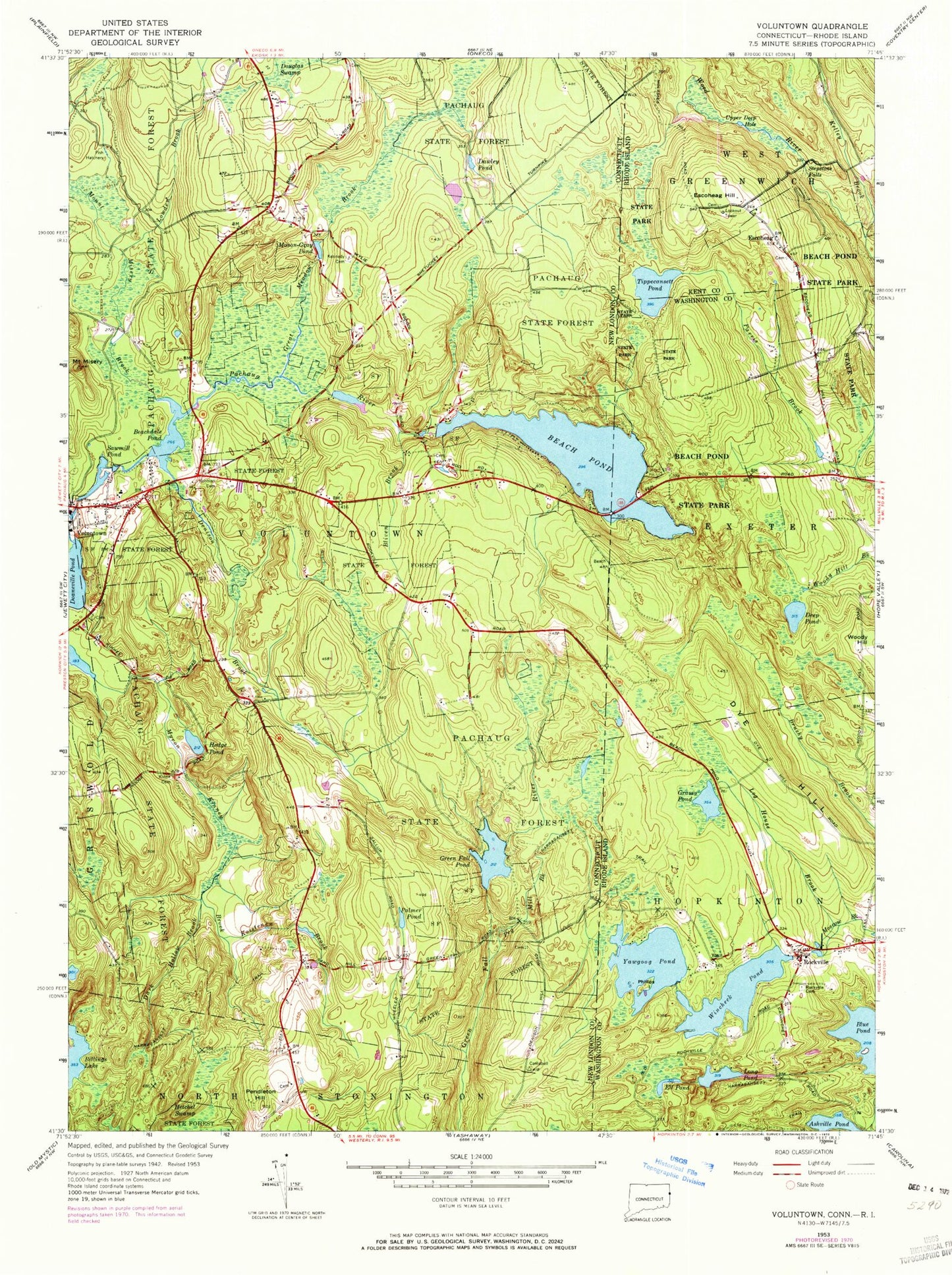 Classic USGS Voluntown Connecticut 7.5'x7.5' Topo Map Image