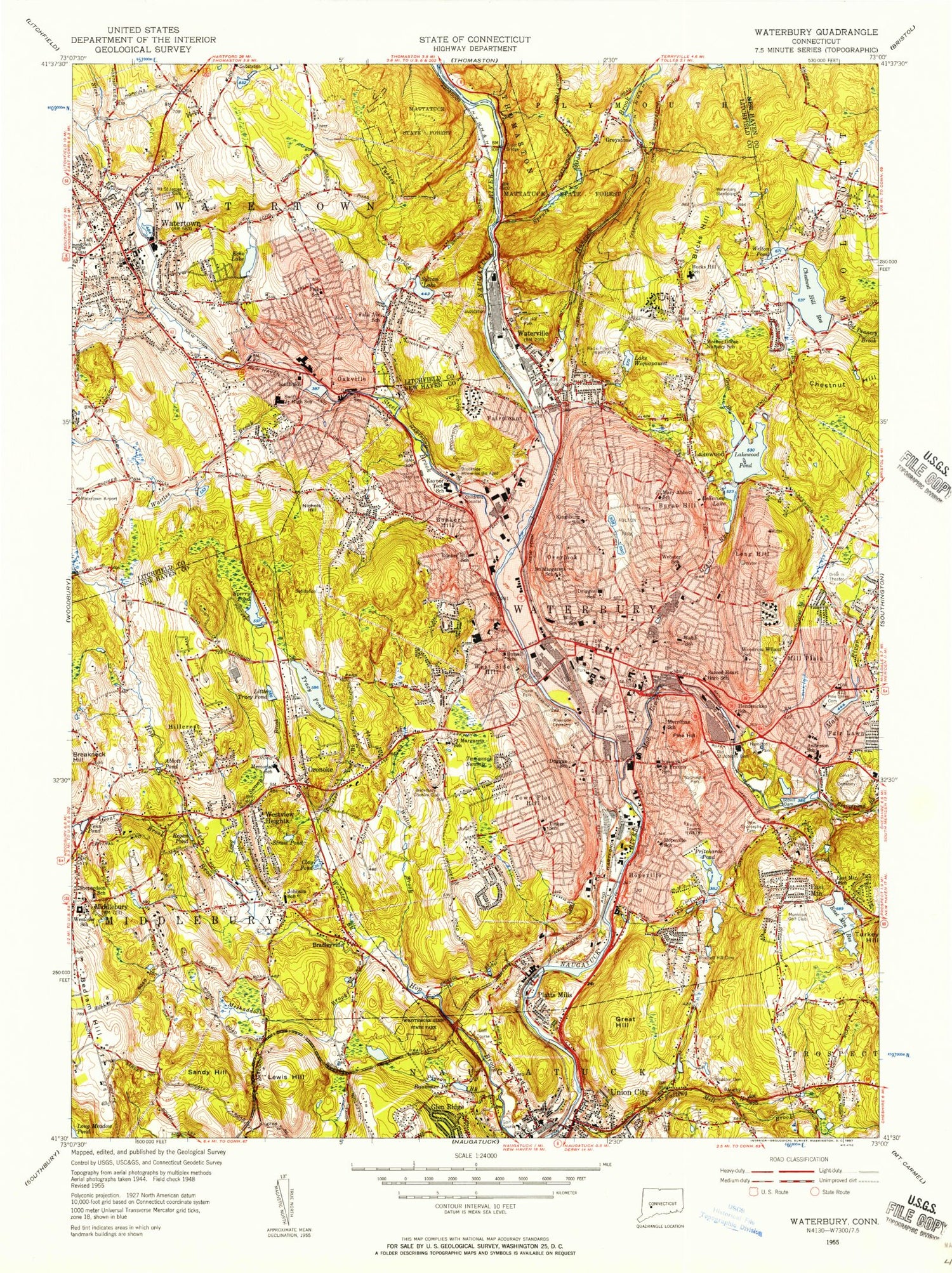 Classic USGS Waterbury Connecticut 7.5'x7.5' Topo Map Image
