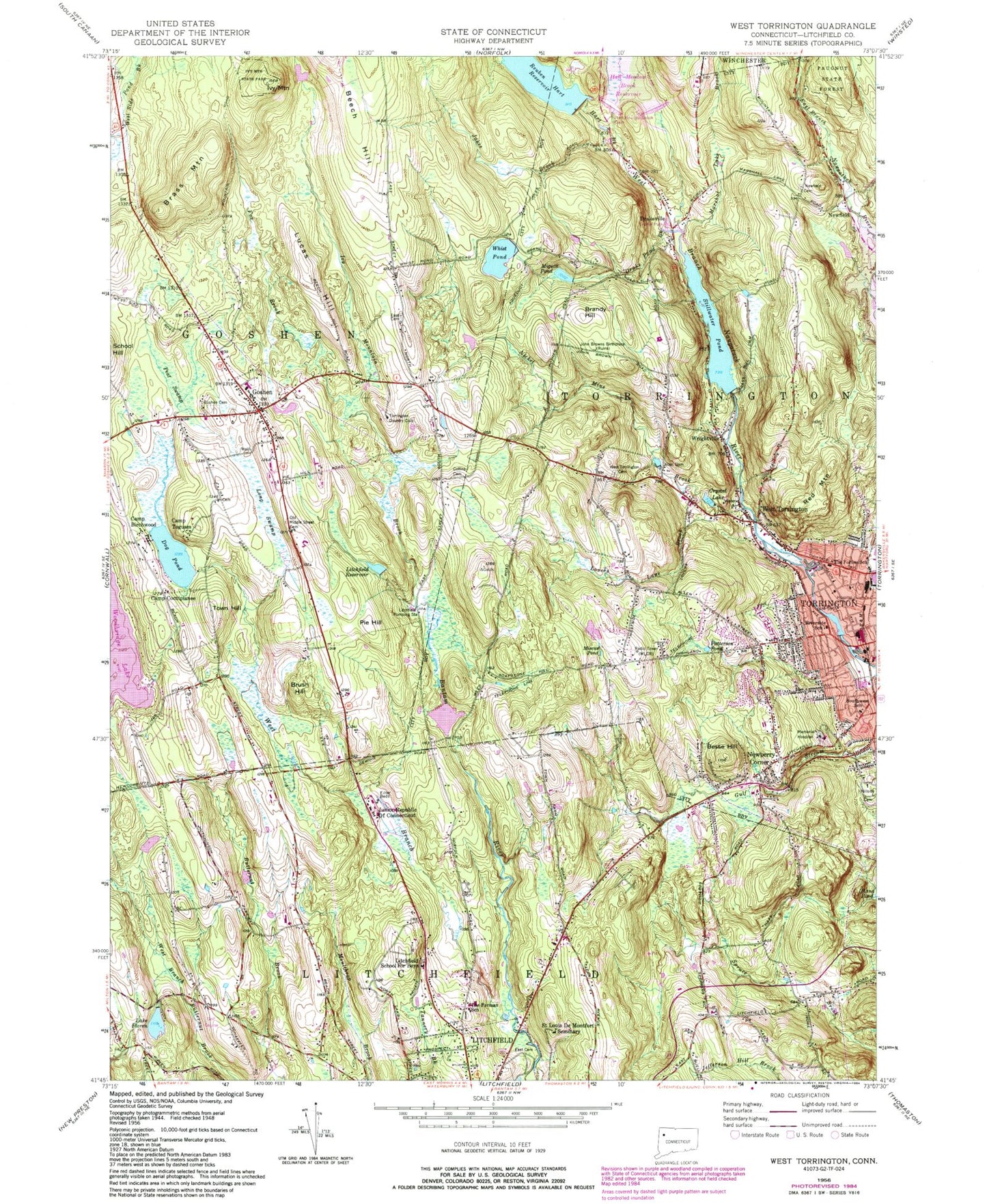 Classic USGS West Torrington Connecticut 7.5'x7.5' Topo Map Image