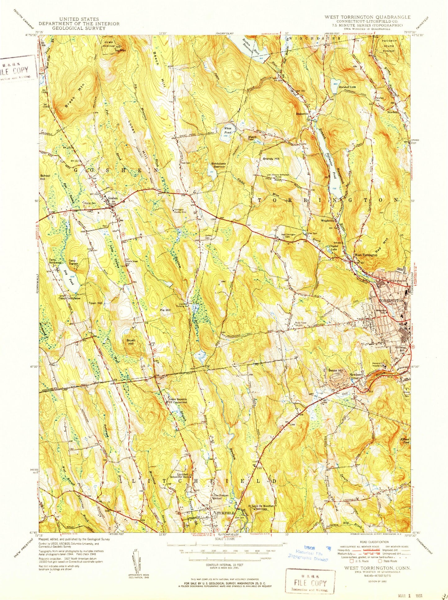 Classic USGS West Torrington Connecticut 7.5'x7.5' Topo Map Image