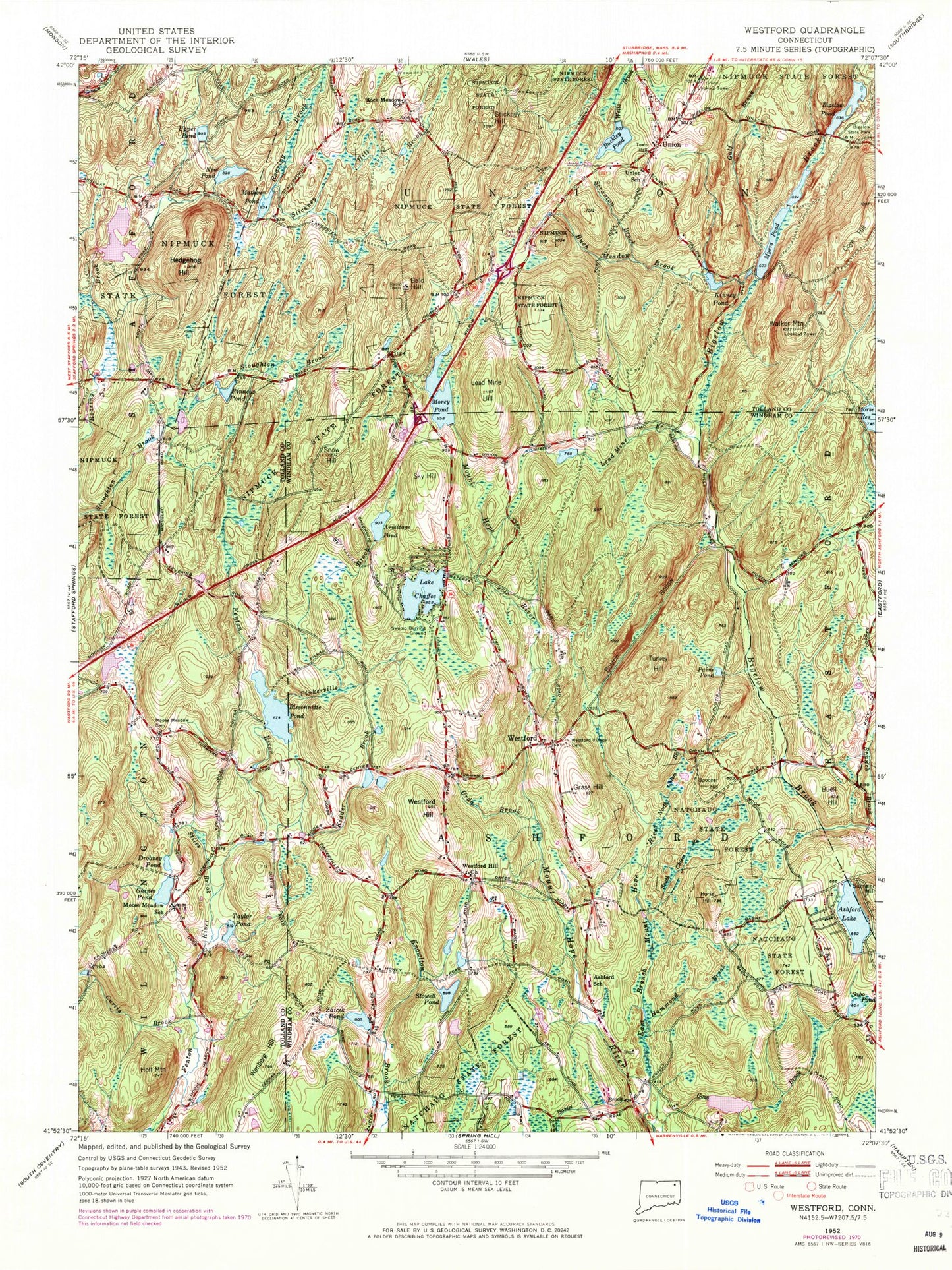 Classic USGS Westford Connecticut 7.5'x7.5' Topo Map Image