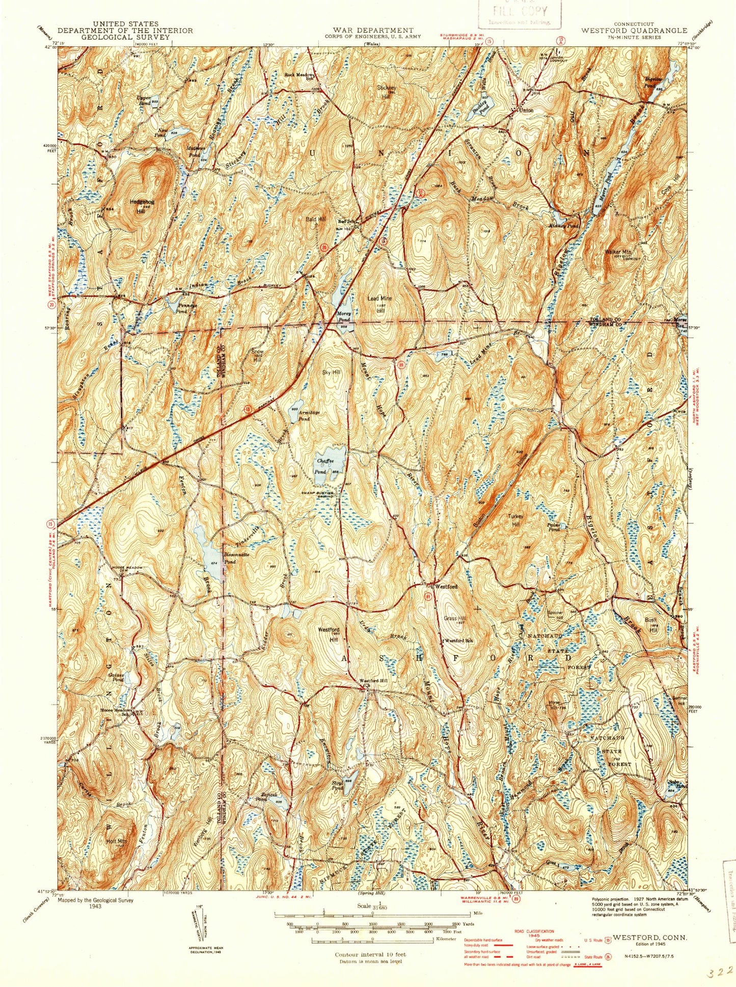 Classic USGS Westford Connecticut 7.5'x7.5' Topo Map Image