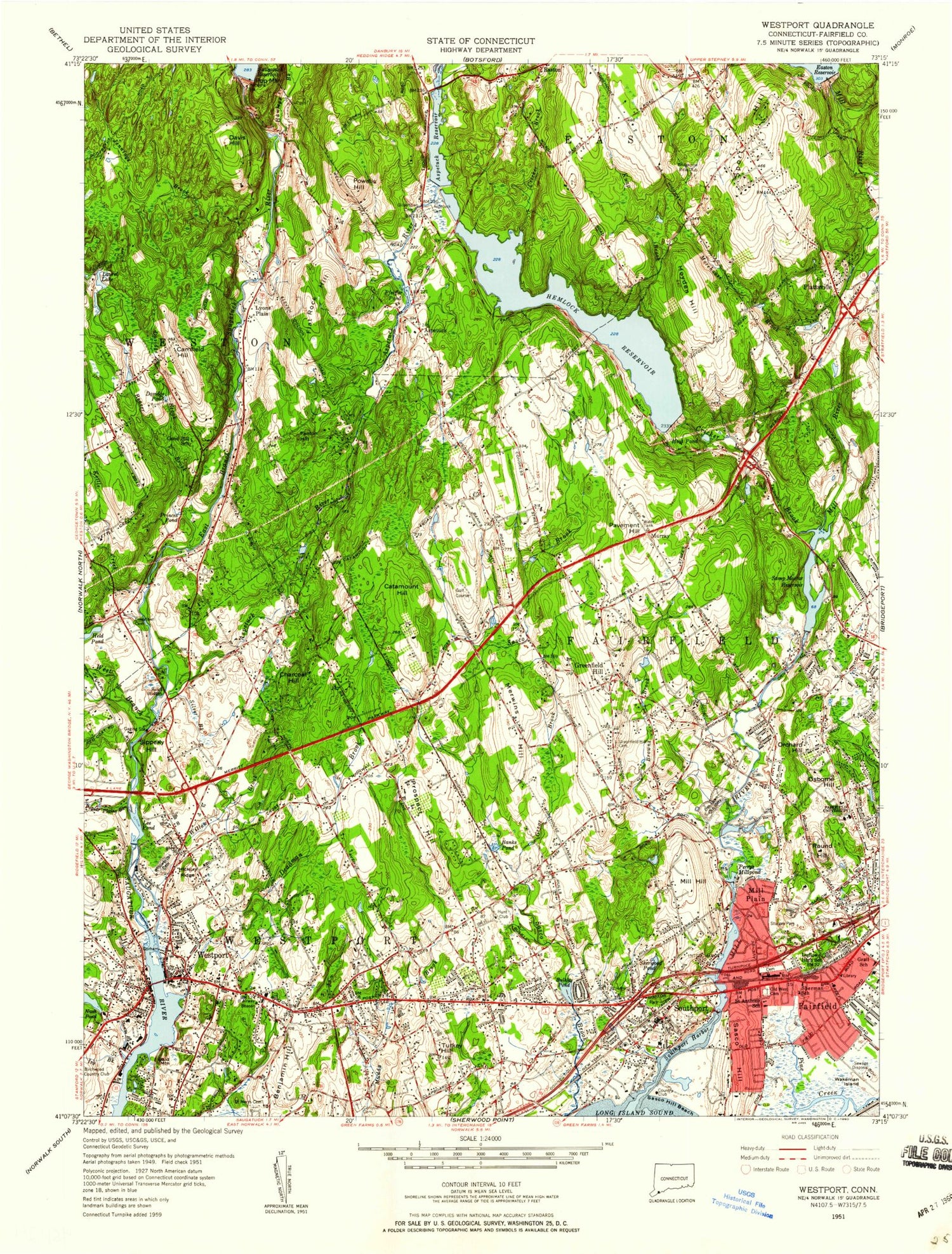 Classic USGS Westport Connecticut 7.5'x7.5' Topo Map Image