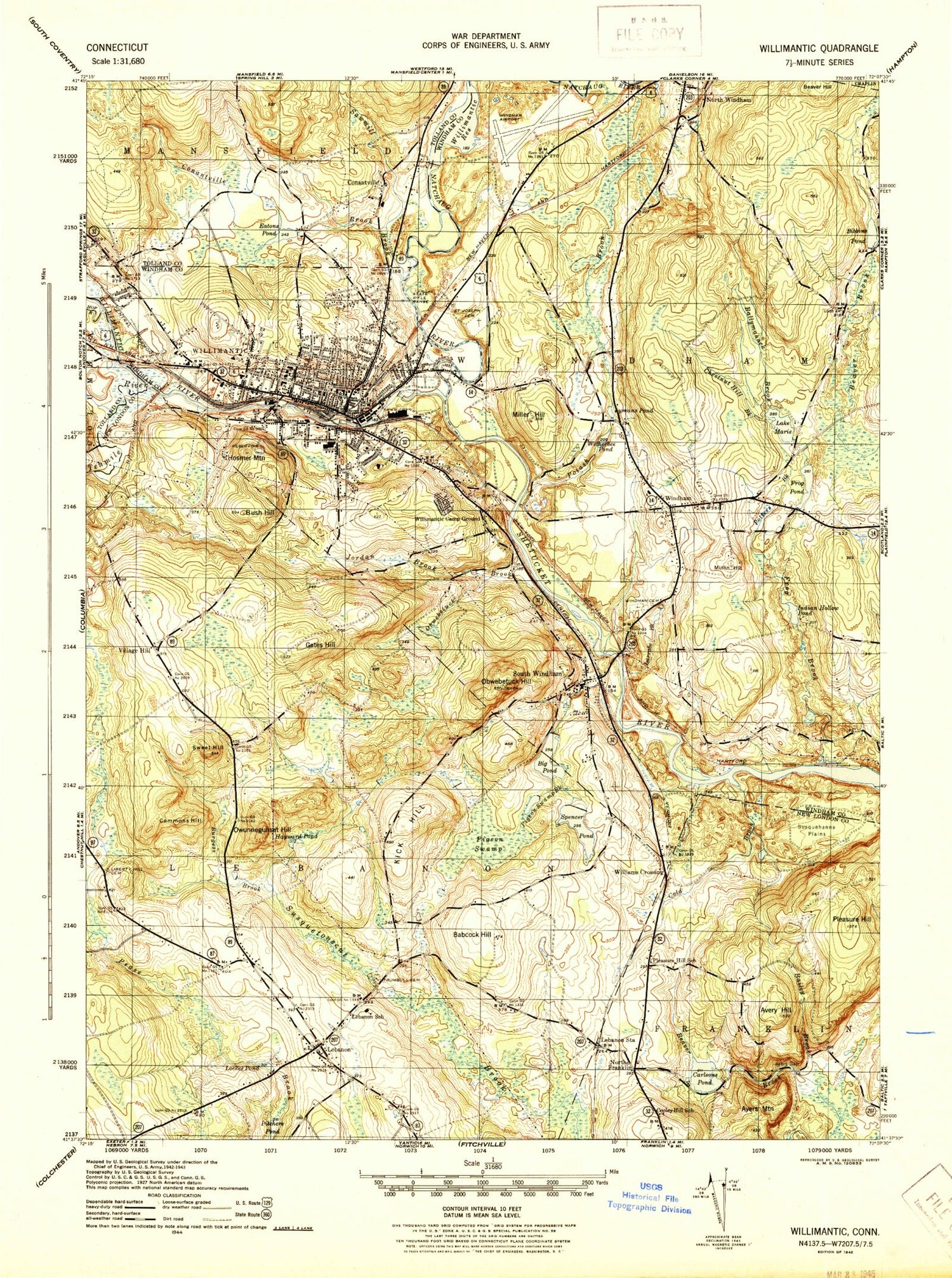 Classic USGS Willimantic Connecticut 7.5'x7.5' Topo Map Image
