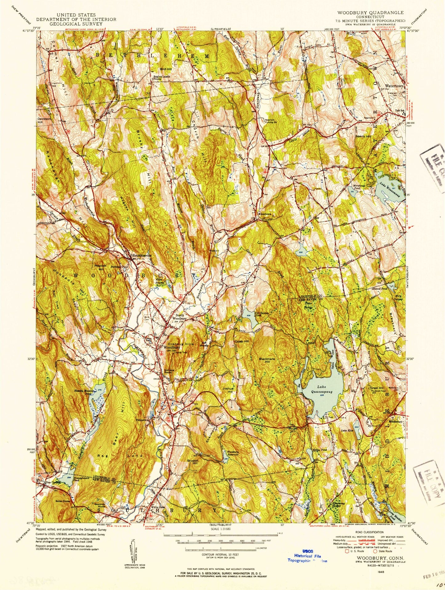 Classic USGS Woodbury Connecticut 7.5'x7.5' Topo Map Image