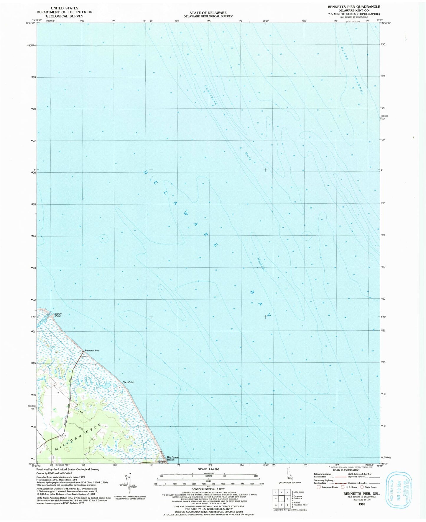 Classic USGS Bennetts Pier Delaware 7.5'x7.5' Topo Map Image