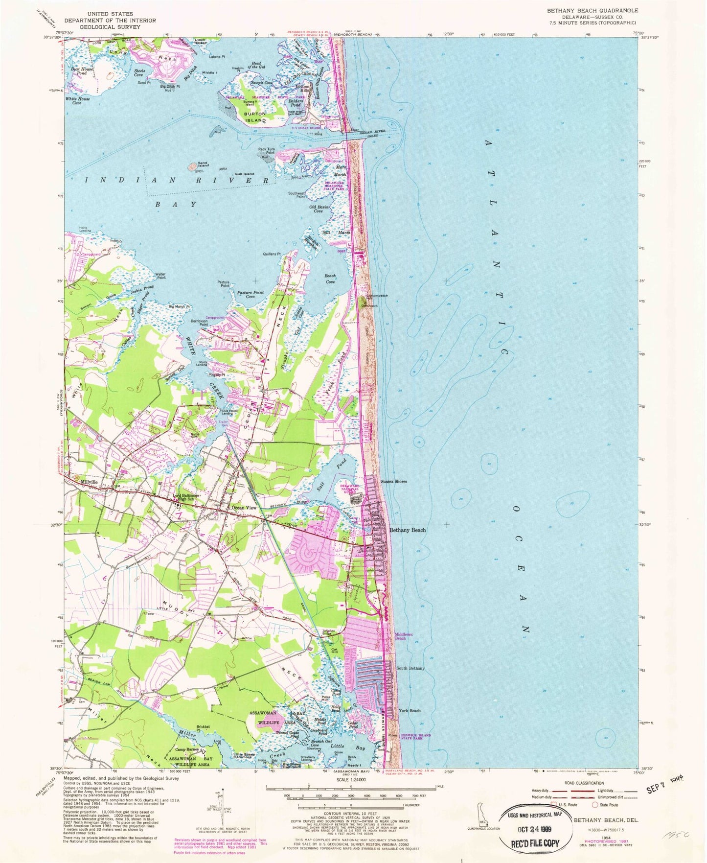 Classic USGS Bethany Beach Delaware 7.5'x7.5' Topo Map Image