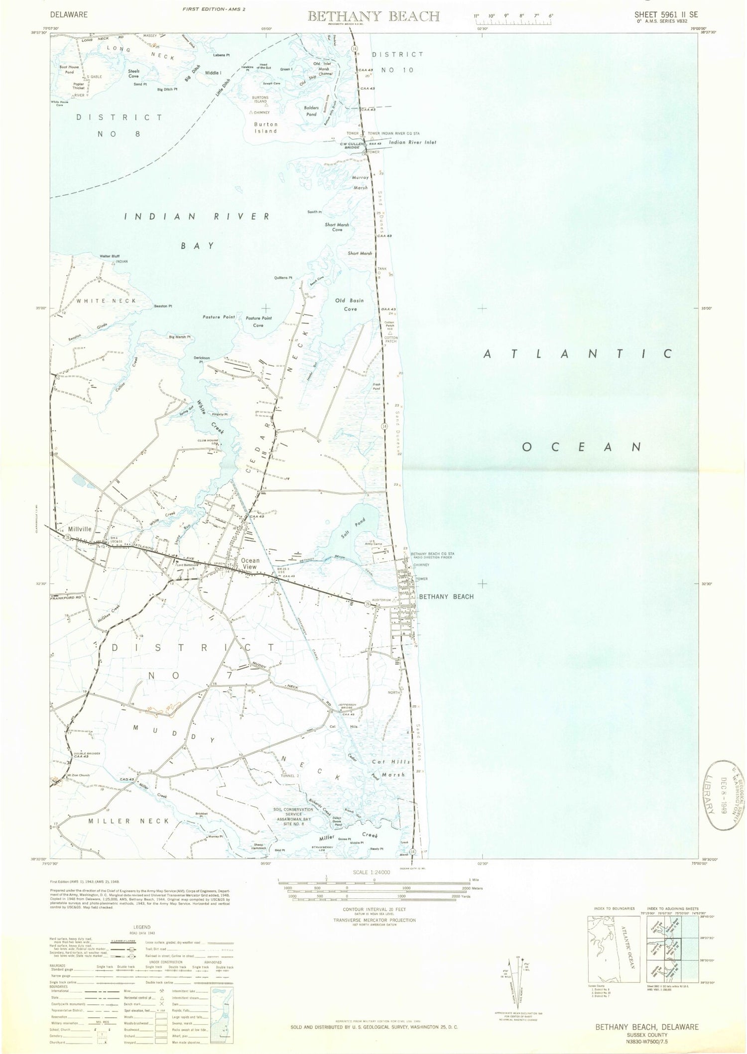 Classic USGS Bethany Beach Delaware 7.5'x7.5' Topo Map Image