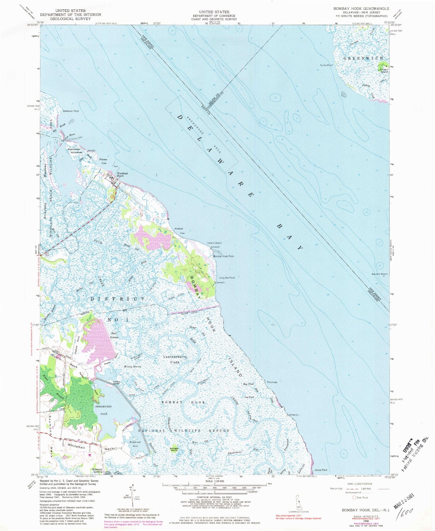 Classic USGS Bombay Hook Island Delaware 7.5'x7.5' Topo Map Image
