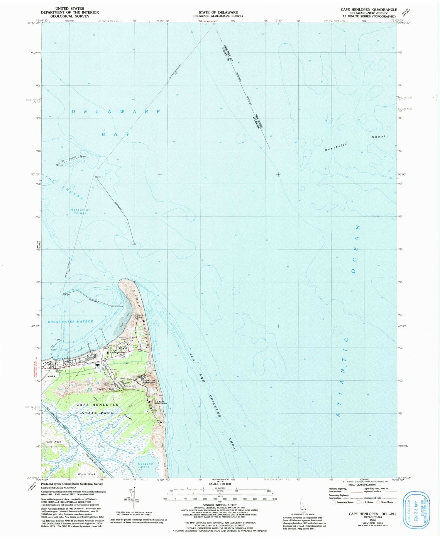 Classic USGS Cape Henlopen Delaware 7.5'x7.5' Topo Map Image