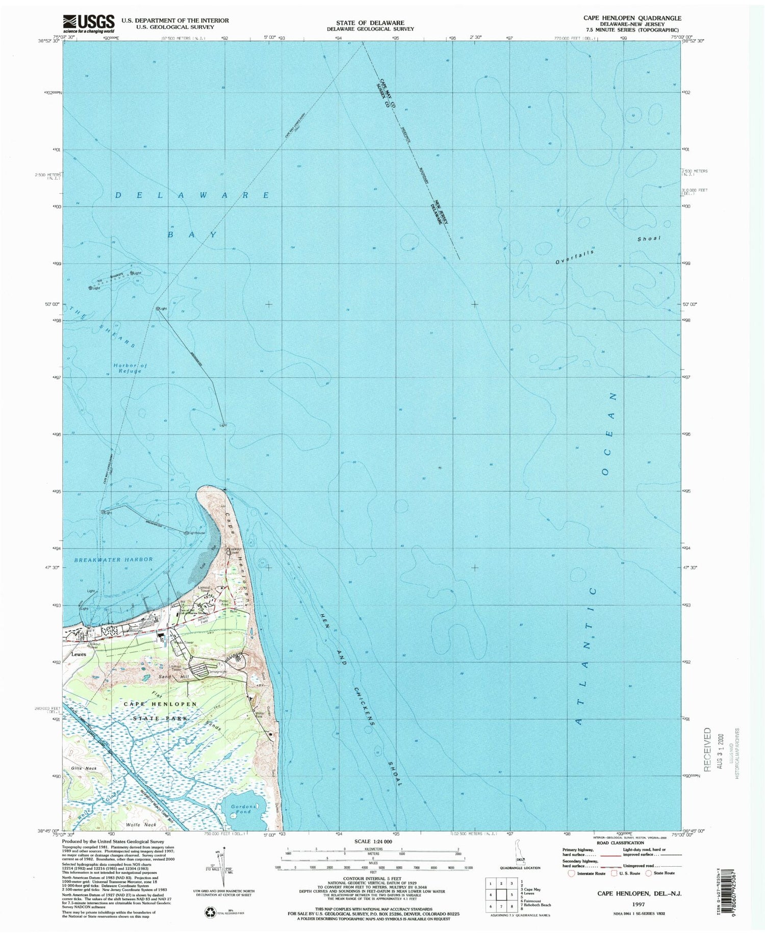 Classic USGS Cape Henlopen Delaware 7.5'x7.5' Topo Map Image
