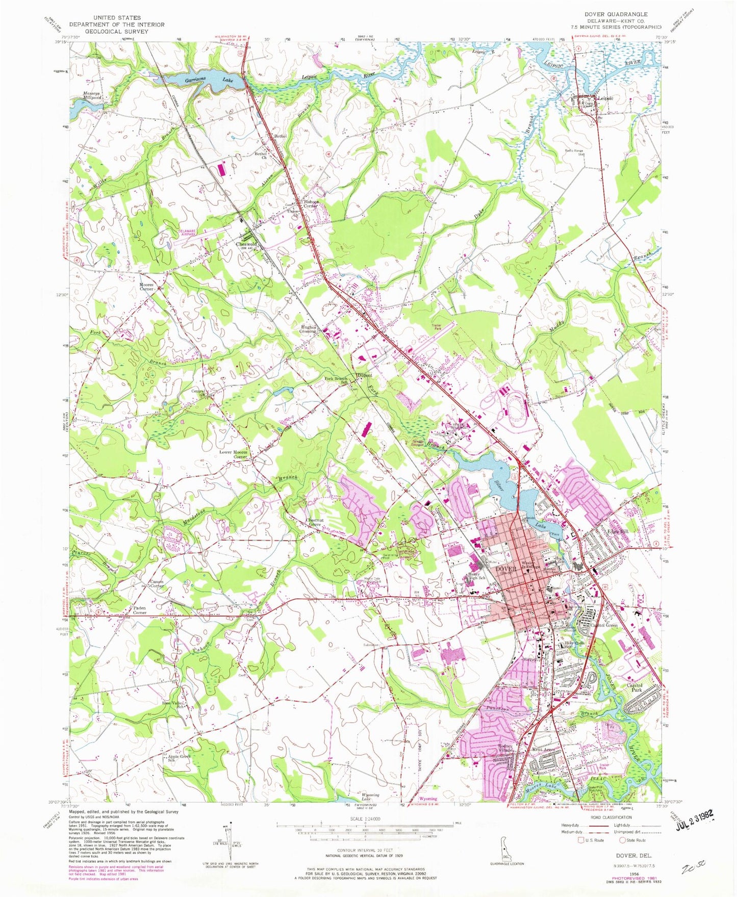 Classic USGS Dover Delaware 7.5'x7.5' Topo Map Image