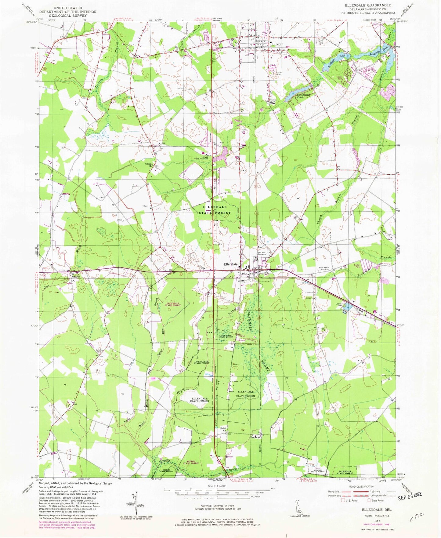Classic USGS Ellendale Delaware 7.5'x7.5' Topo Map Image