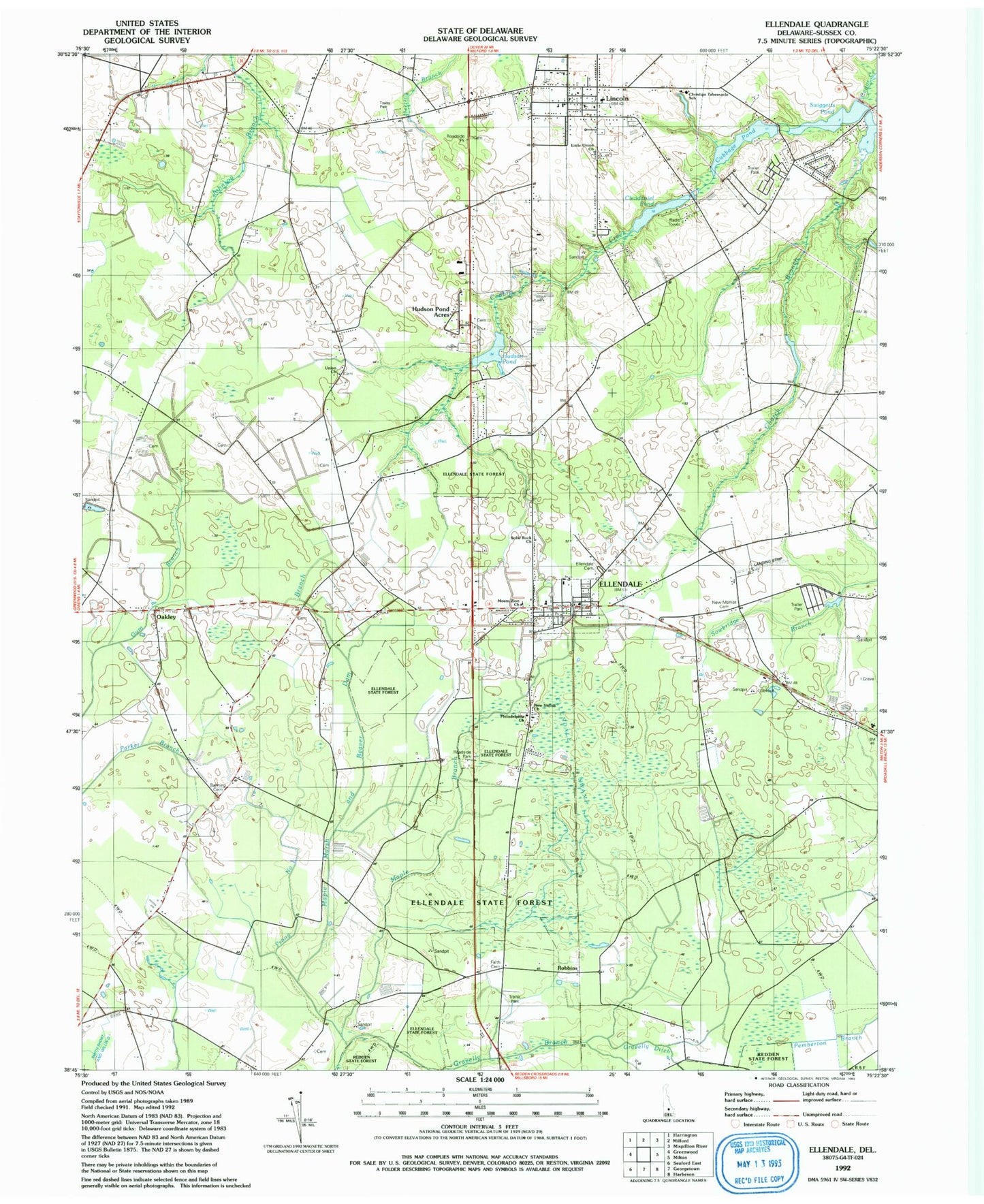 Classic USGS Ellendale Delaware 7.5'x7.5' Topo Map Image