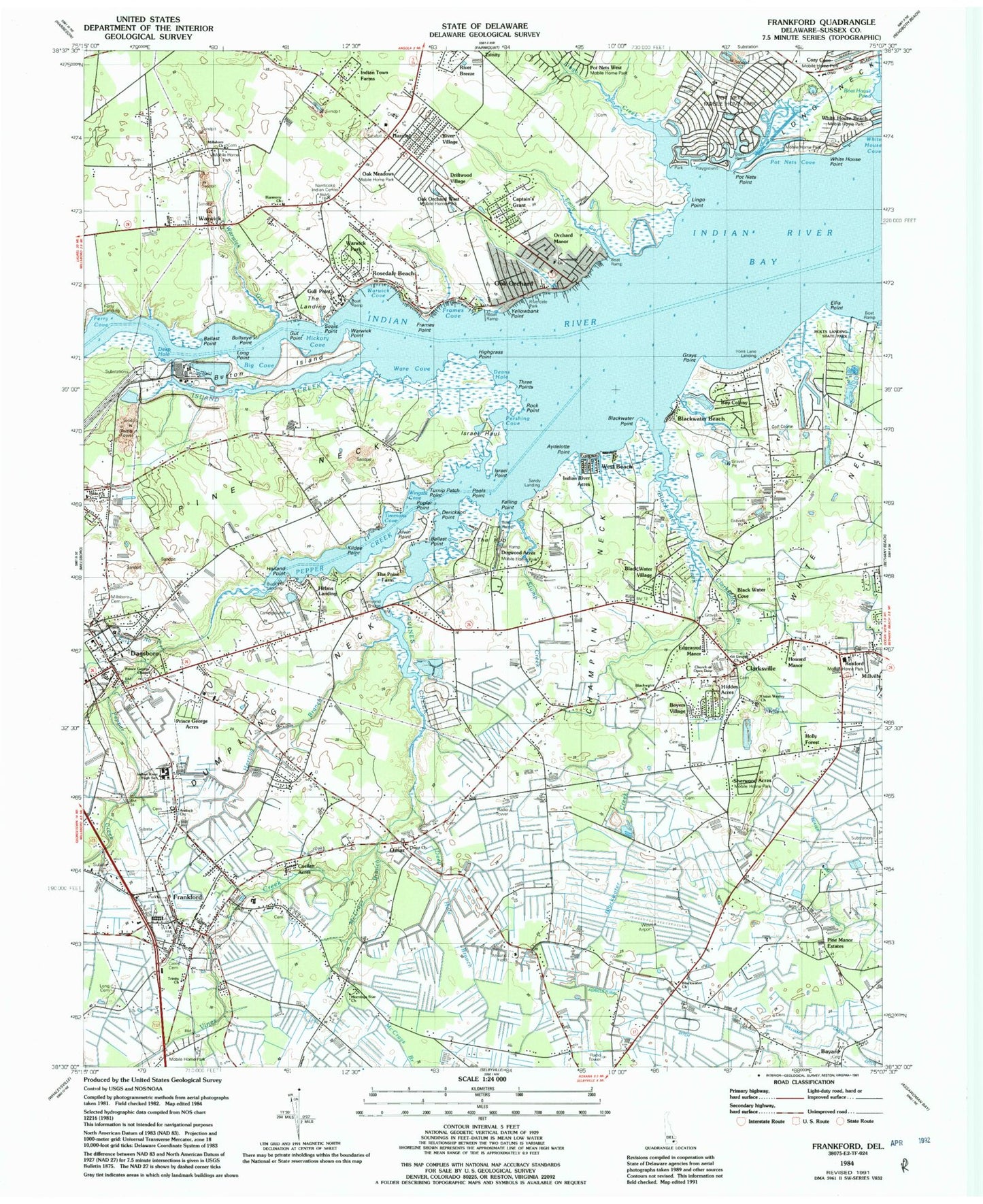 Classic USGS Frankford Delaware 7.5'x7.5' Topo Map Image