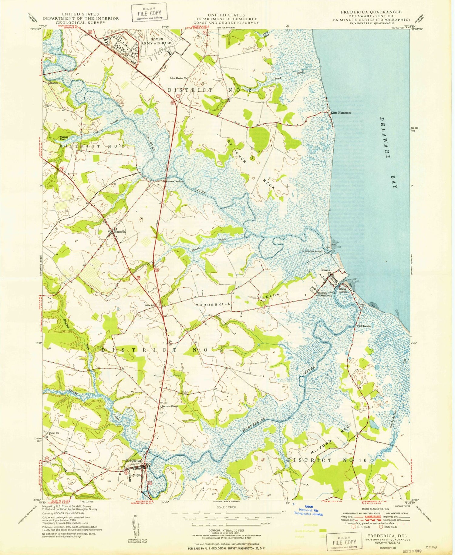 Classic USGS Frederica Delaware 7.5'x7.5' Topo Map Image