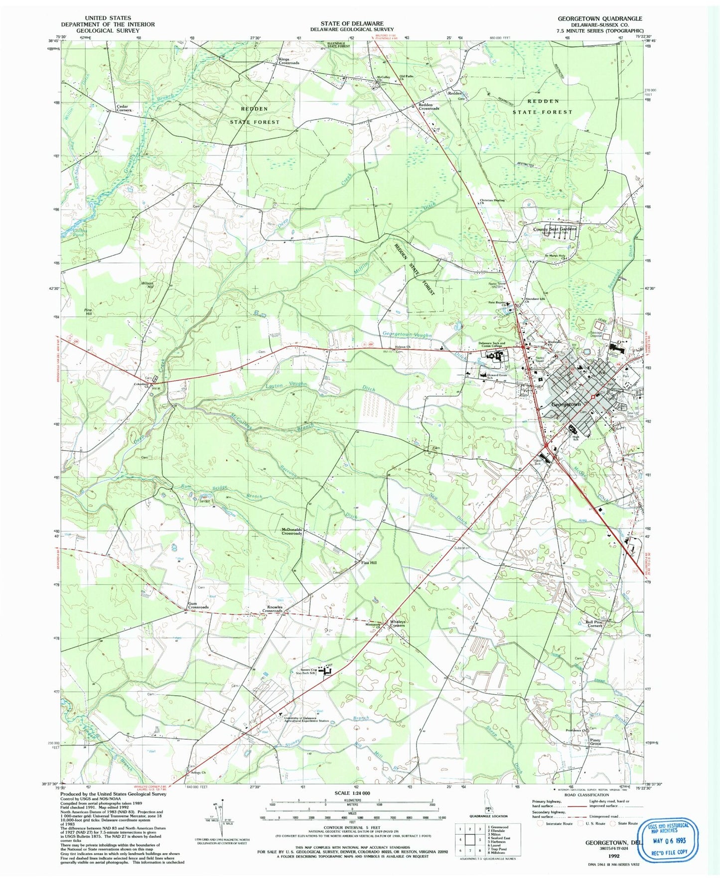 Classic USGS Georgetown Delaware 7.5'x7.5' Topo Map Image
