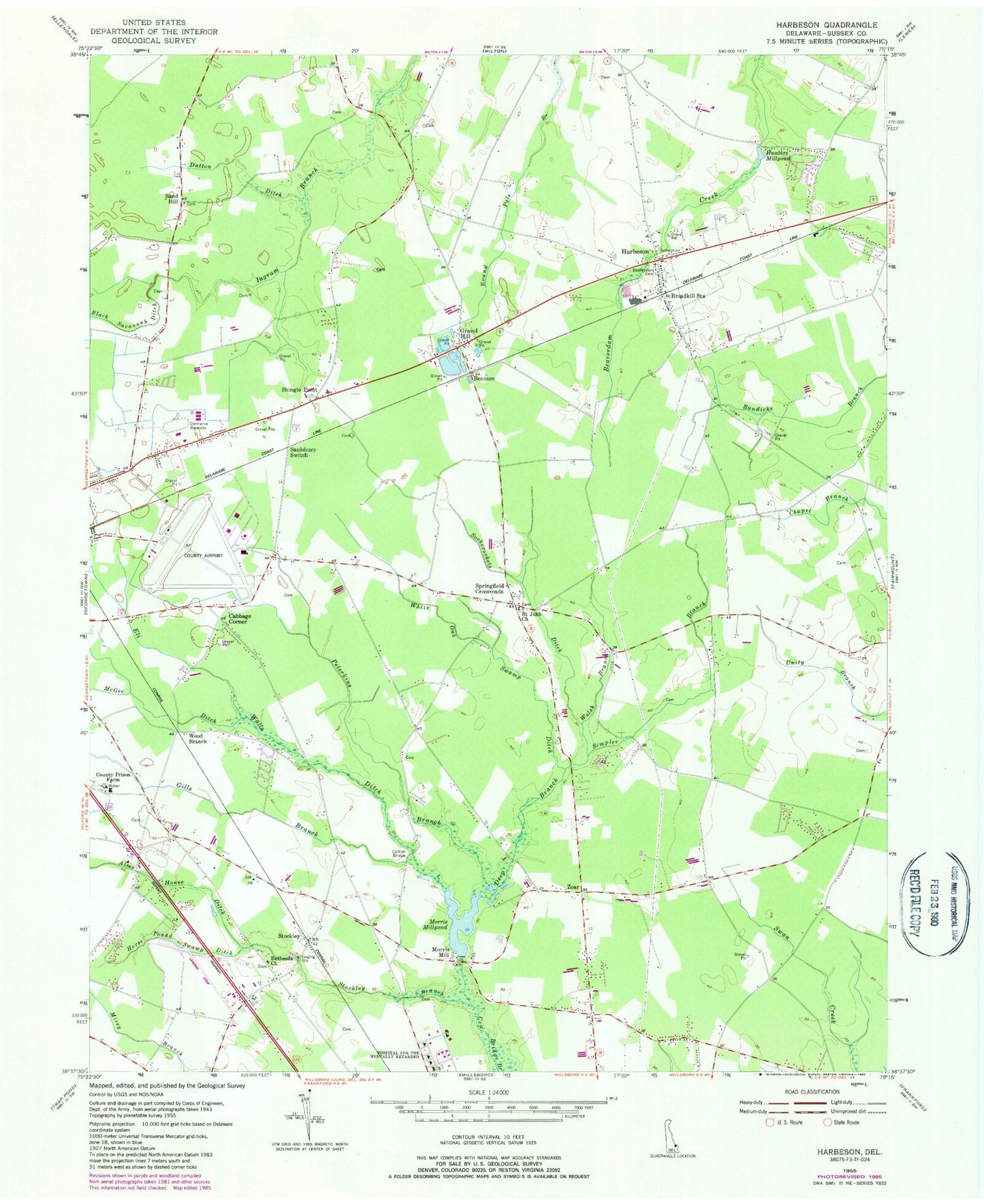 Classic USGS Harbeson Delaware 7.5'x7.5' Topo Map Image