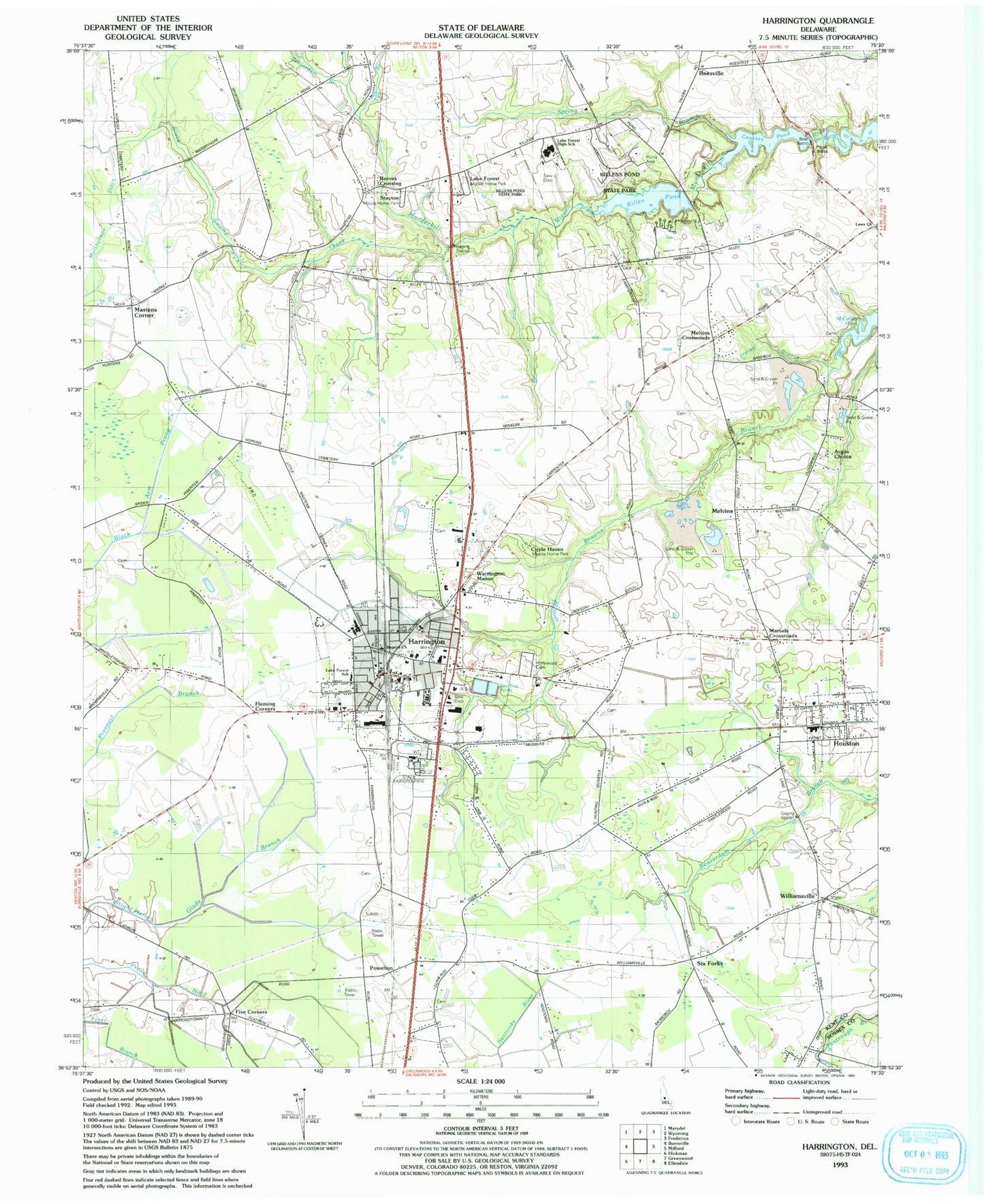 Classic USGS Harrington Delaware 7.5'x7.5' Topo Map Image
