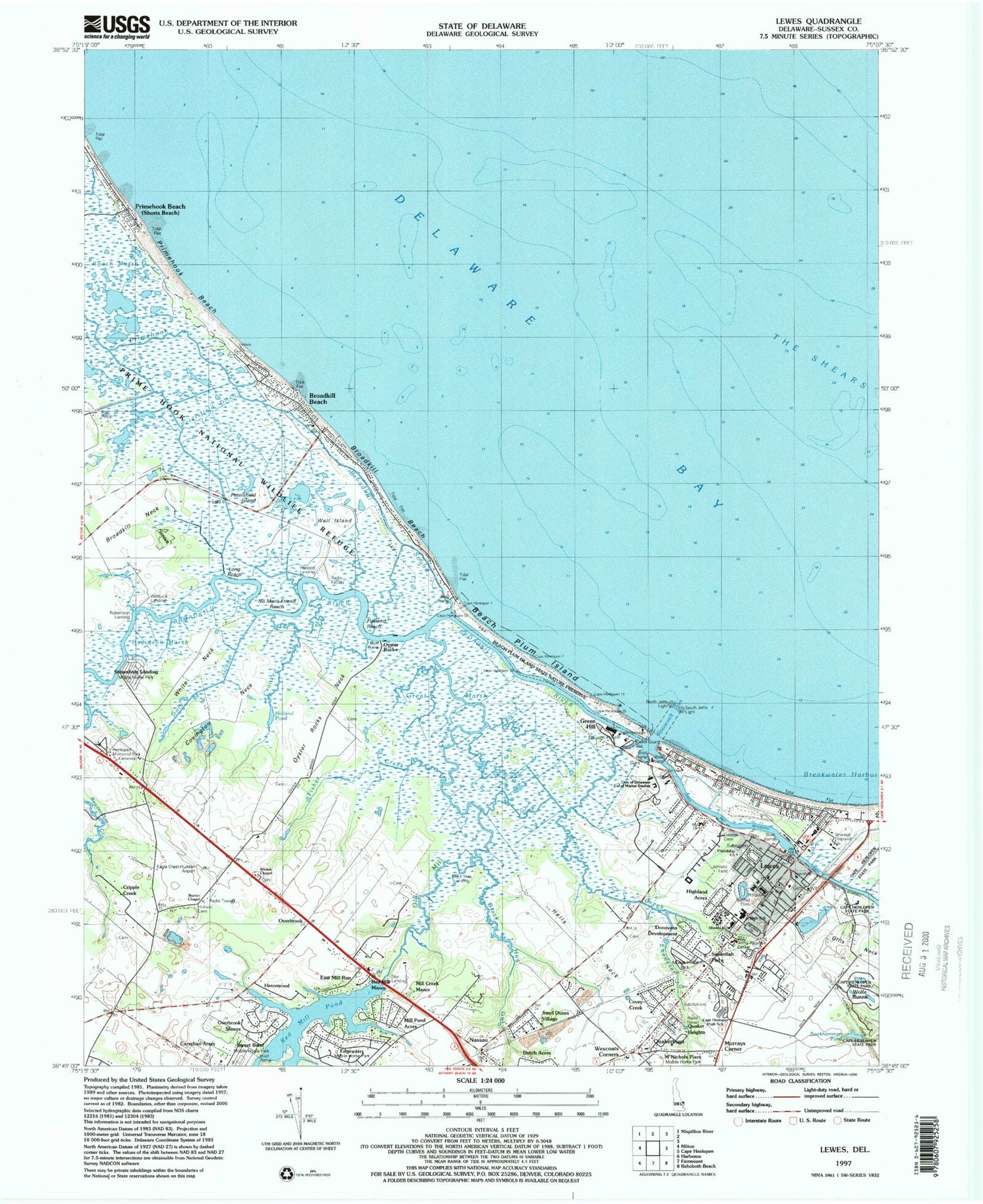 Classic USGS Lewes Delaware 7.5'x7.5' Topo Map Image