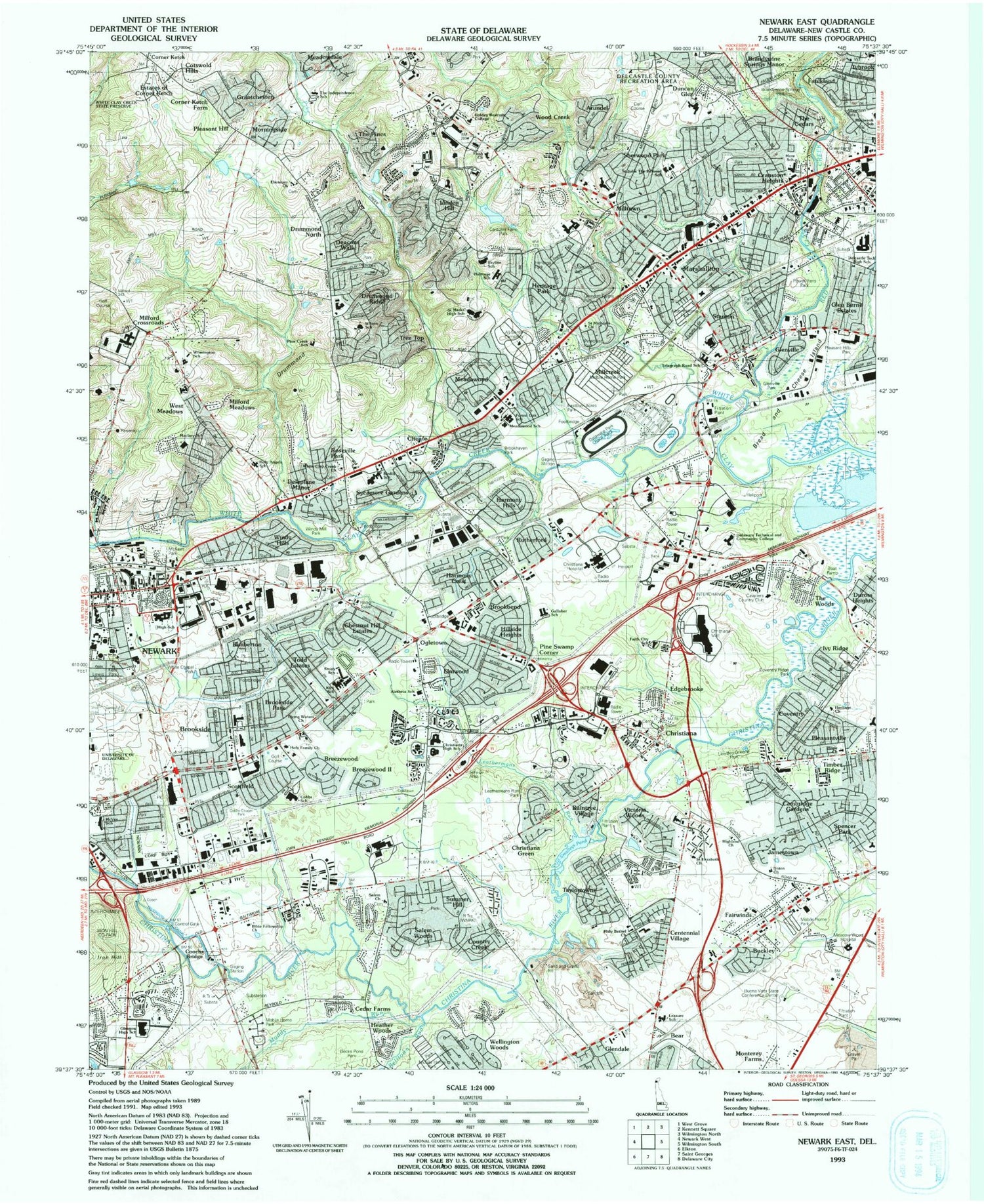Classic USGS Newark East Delaware 7.5'x7.5' Topo Map Image