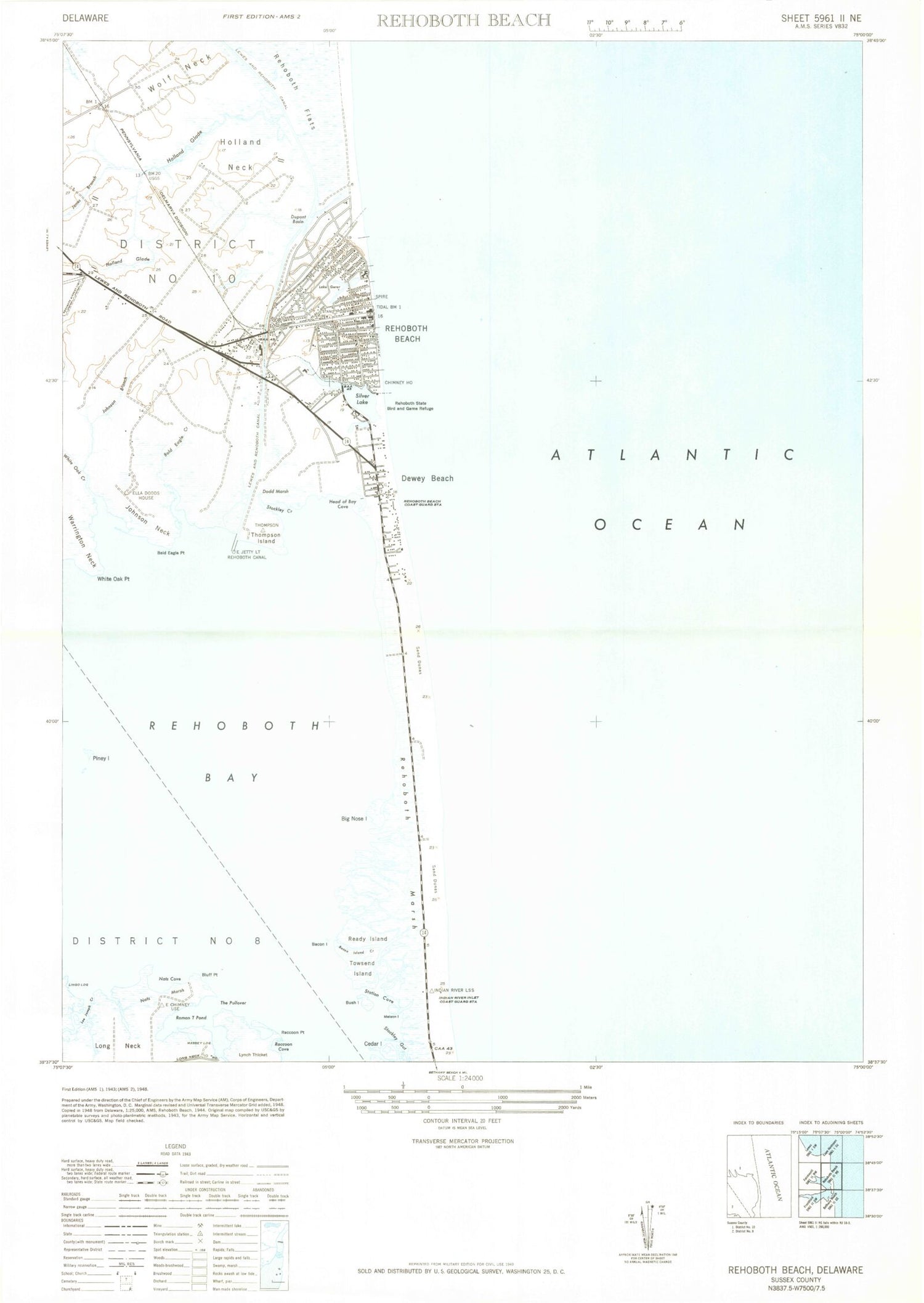 Classic USGS Rehoboth Beach Delaware 7.5'x7.5' Topo Map Image