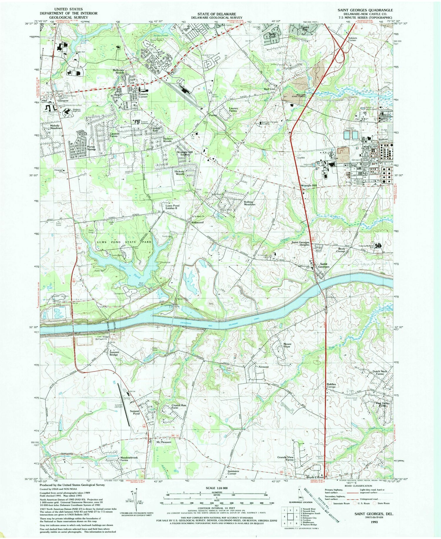 Classic USGS Saint Georges Delaware 7.5'x7.5' Topo Map Image
