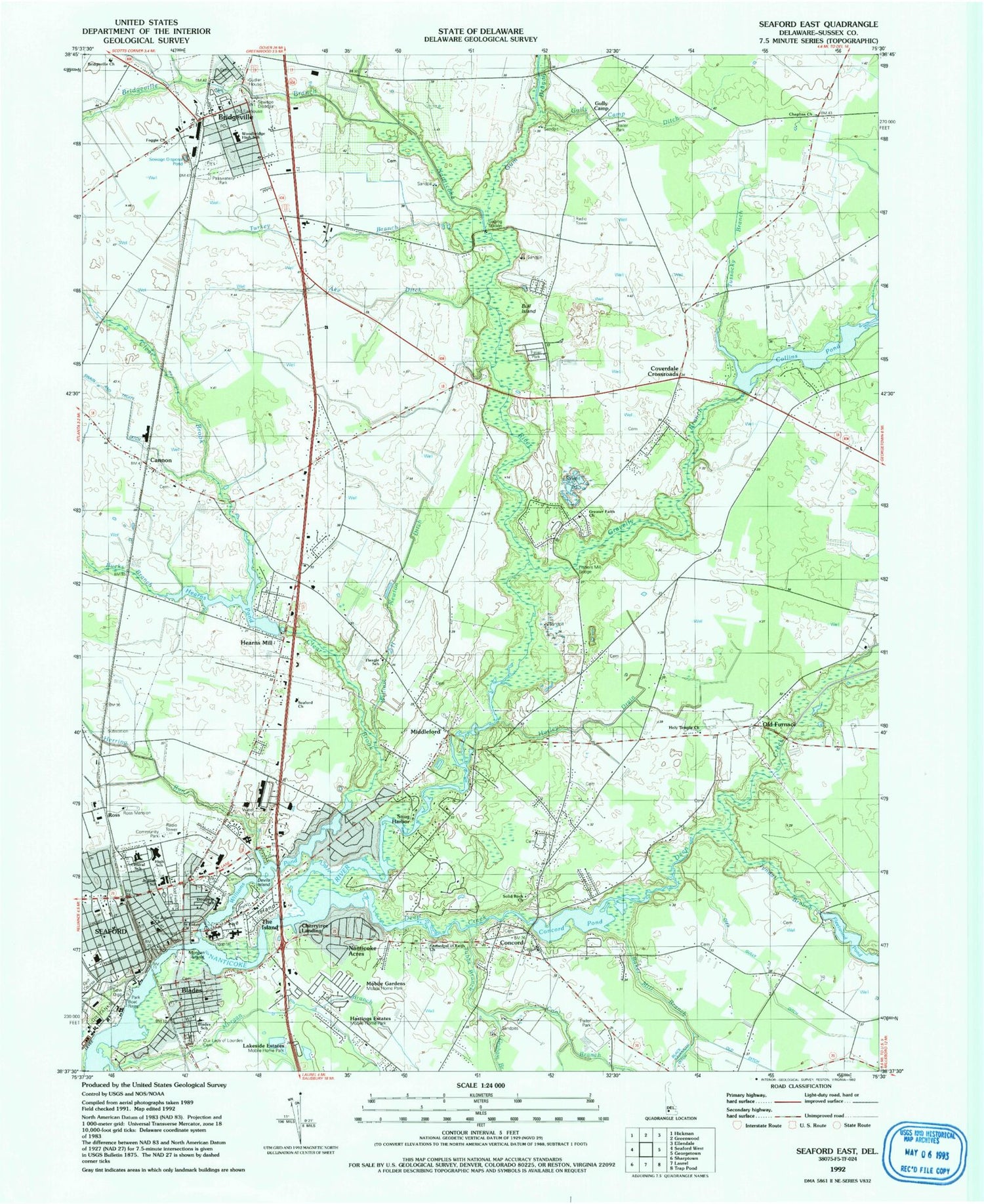 Classic USGS Seaford East Delaware 7.5'x7.5' Topo Map Image