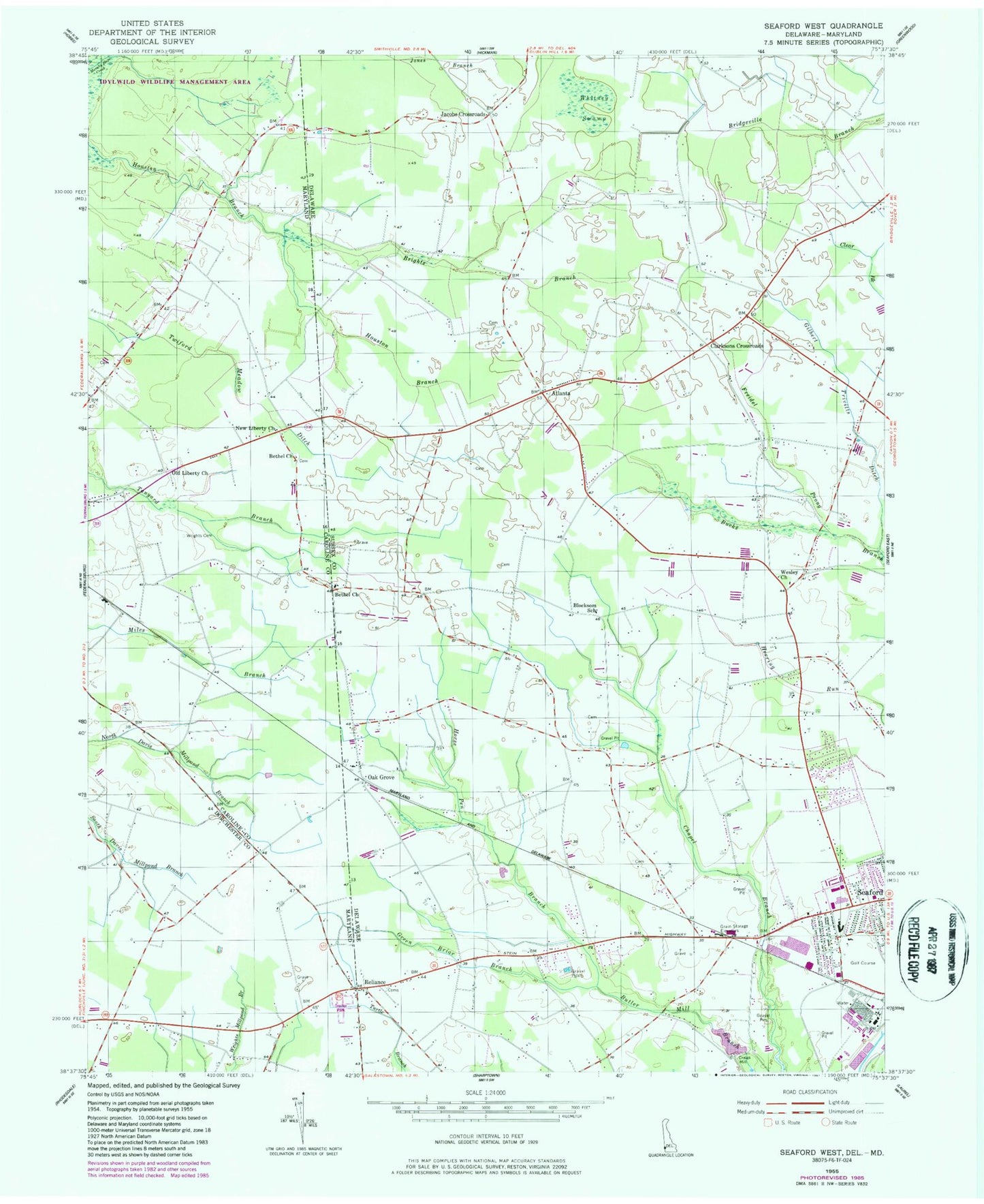 Classic USGS Seaford West Delaware 7.5'x7.5' Topo Map Image