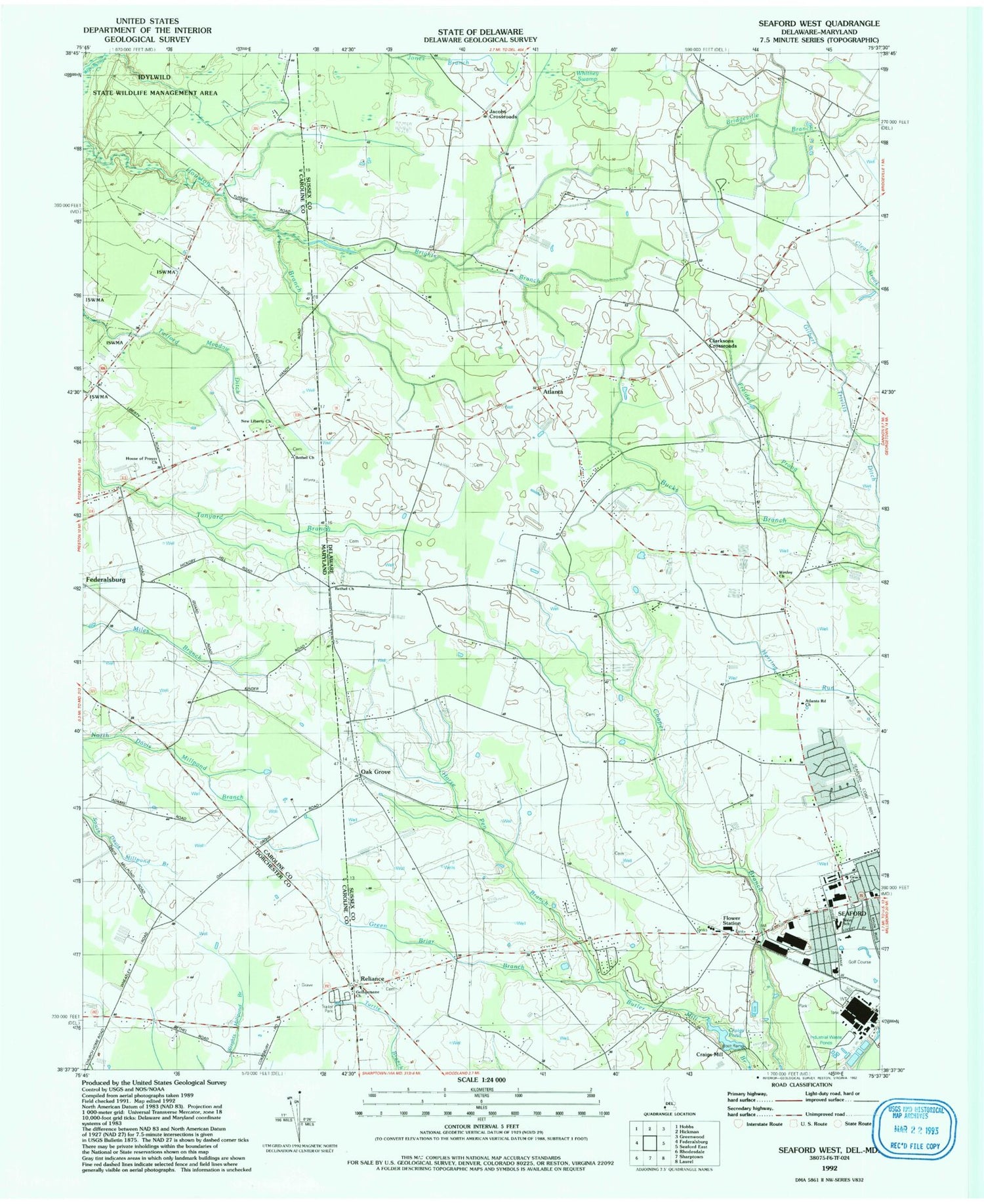 Classic USGS Seaford West Delaware 7.5'x7.5' Topo Map Image