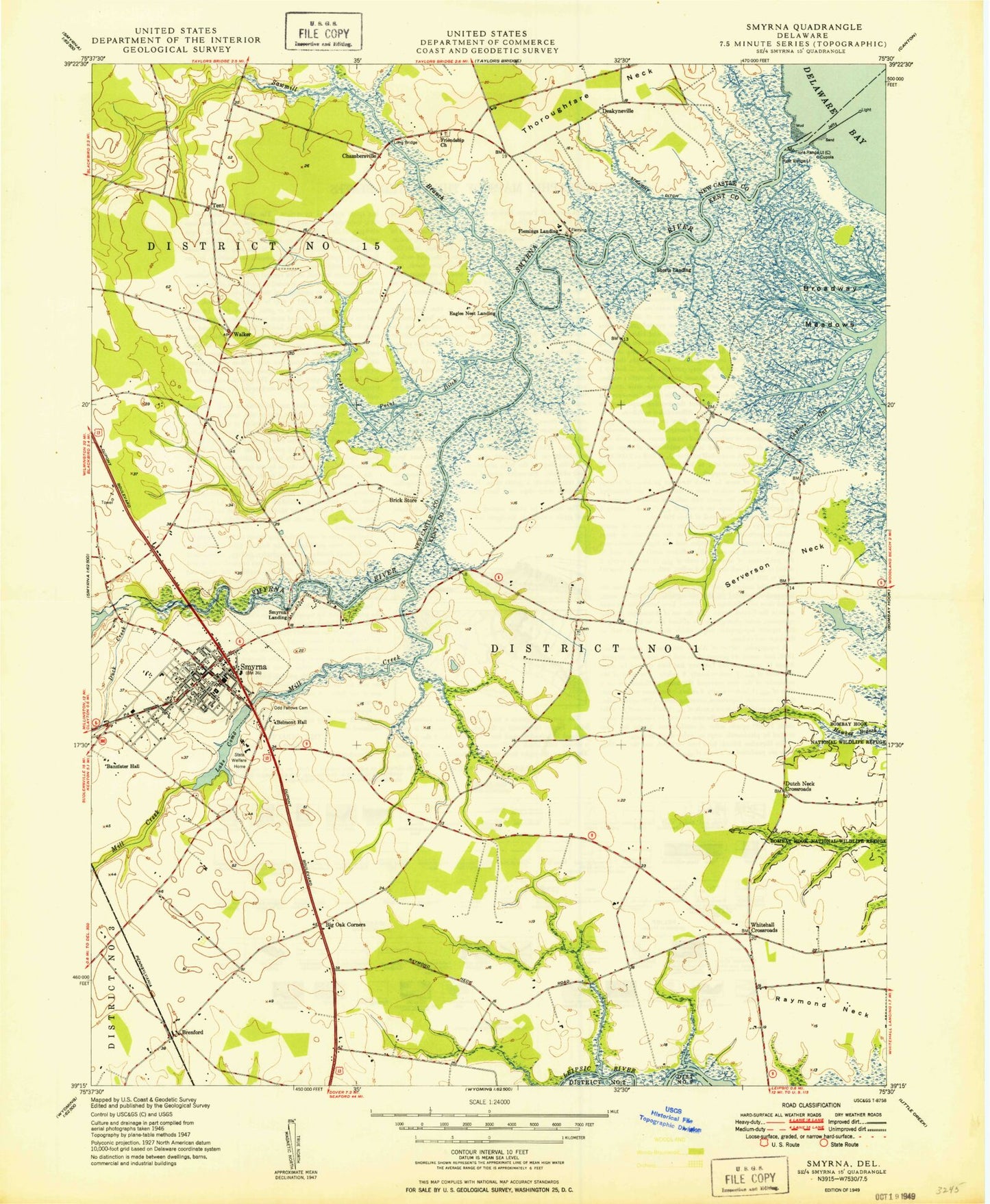 Classic USGS Smyrna Delaware 7.5'x7.5' Topo Map Image