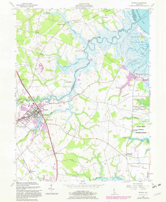 Classic USGS Smyrna Delaware 7.5'x7.5' Topo Map Image