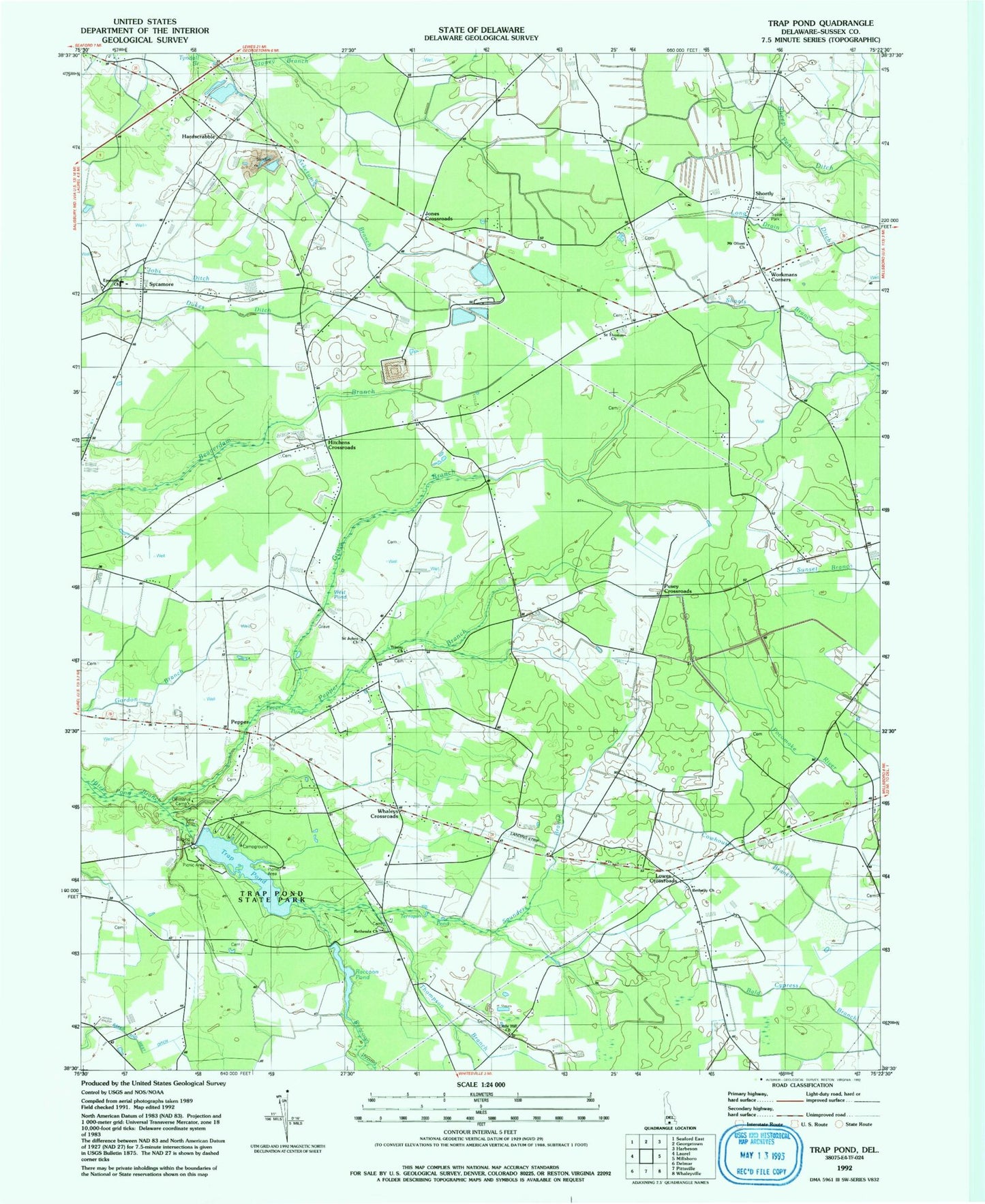 Classic USGS Trap Pond Delaware 7.5'x7.5' Topo Map Image