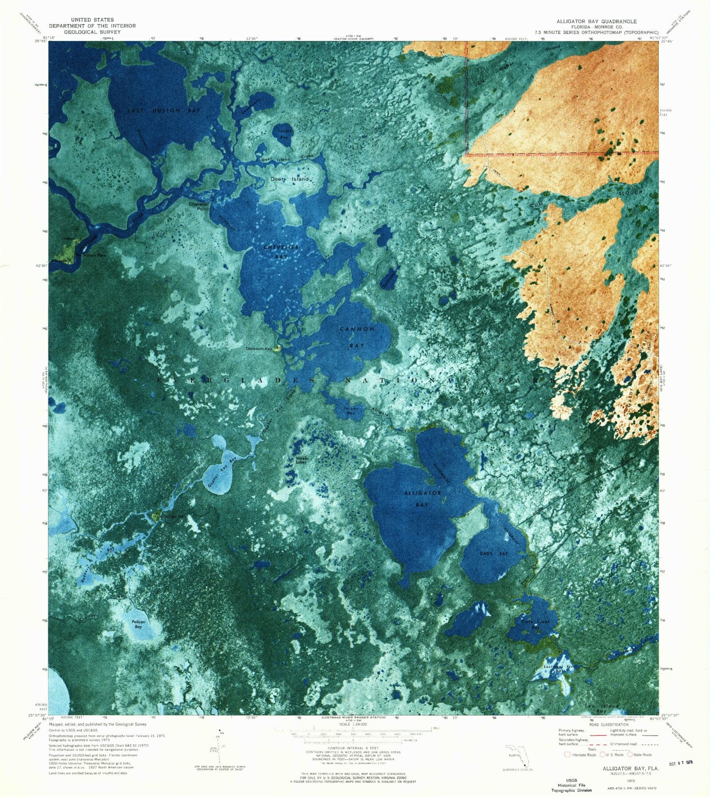 Classic USGS Alligator Bay Florida 7.5'x7.5' Topo Map Image