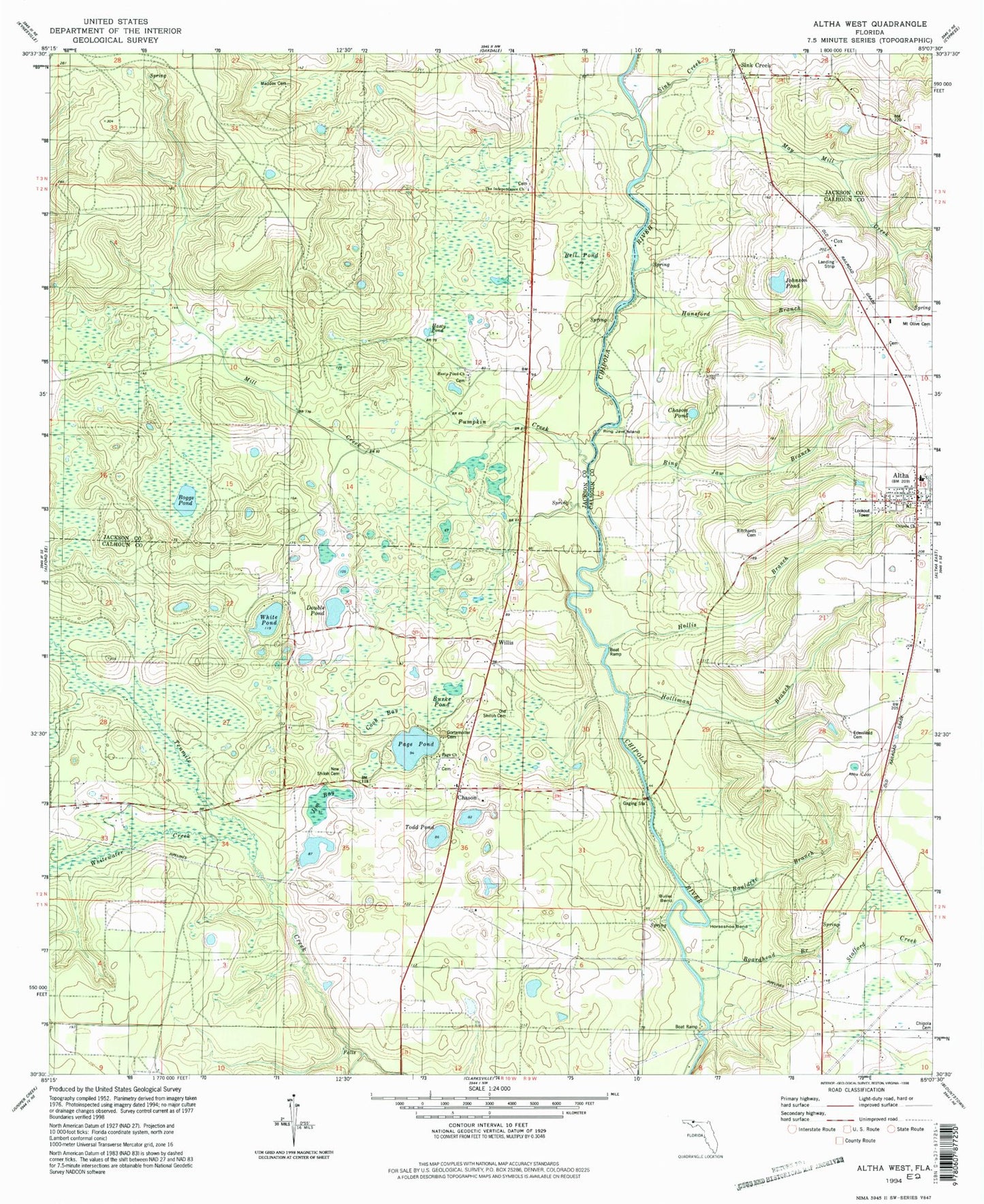 Classic USGS Altha West Florida 7.5'x7.5' Topo Map Image
